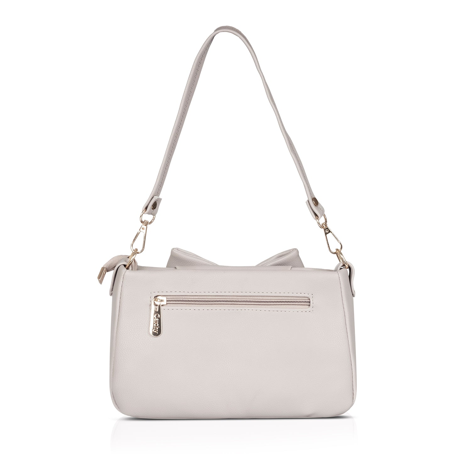Side angle of Elegant Brown Bow Handbag, showcasing sleek silhouette and bow.