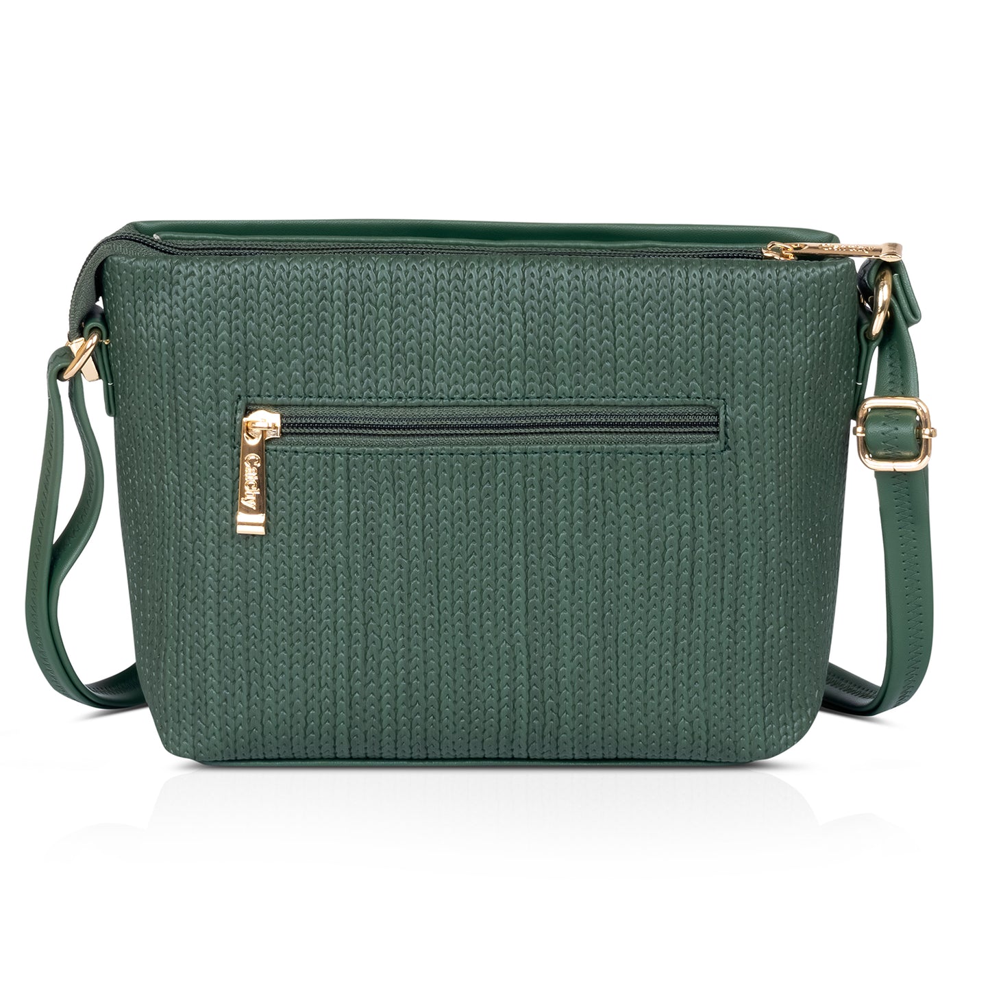 Close-up of emerald green purse highlighting smooth PU leather texture and gold-tone hardware details.