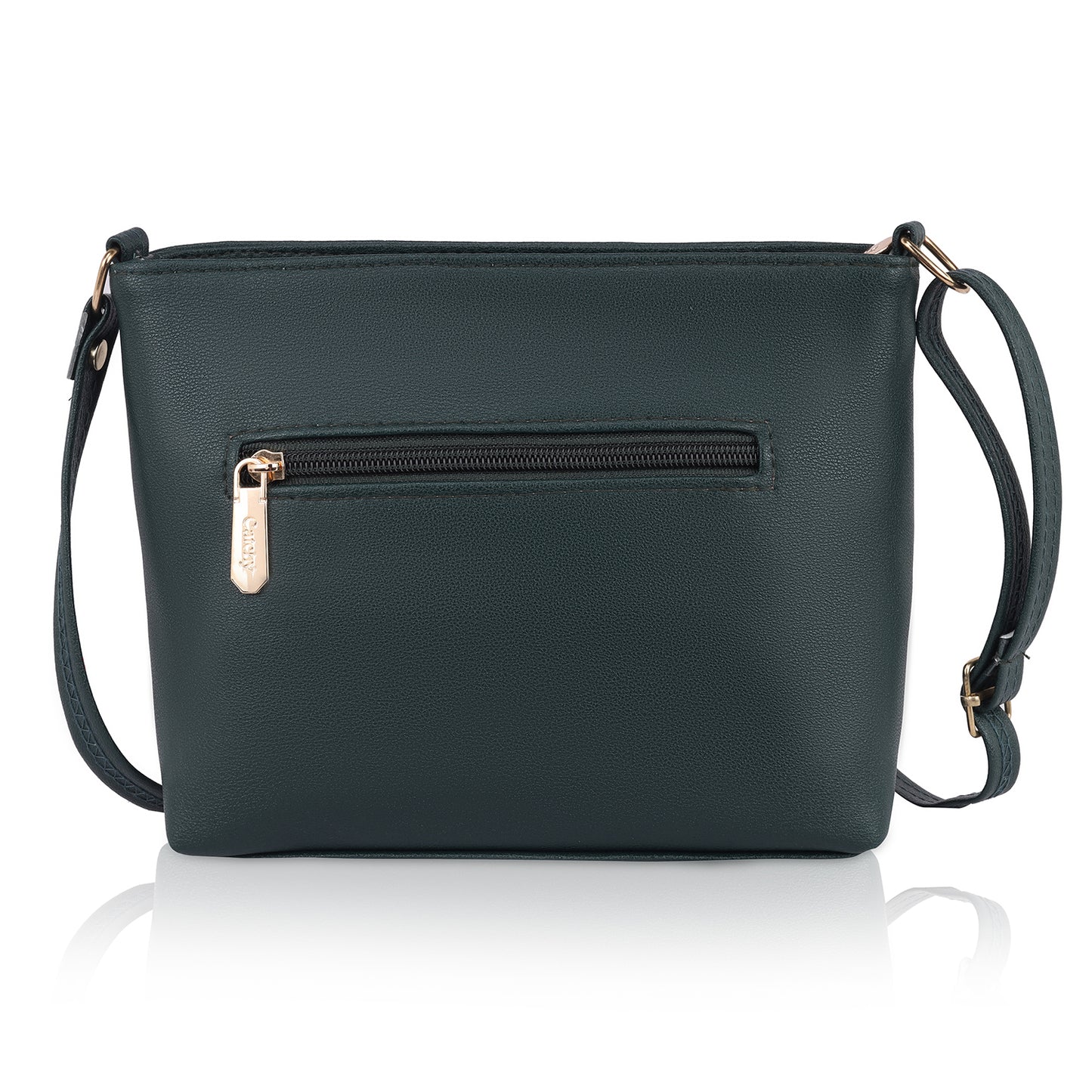 Branded sling bags for women in blue on model.