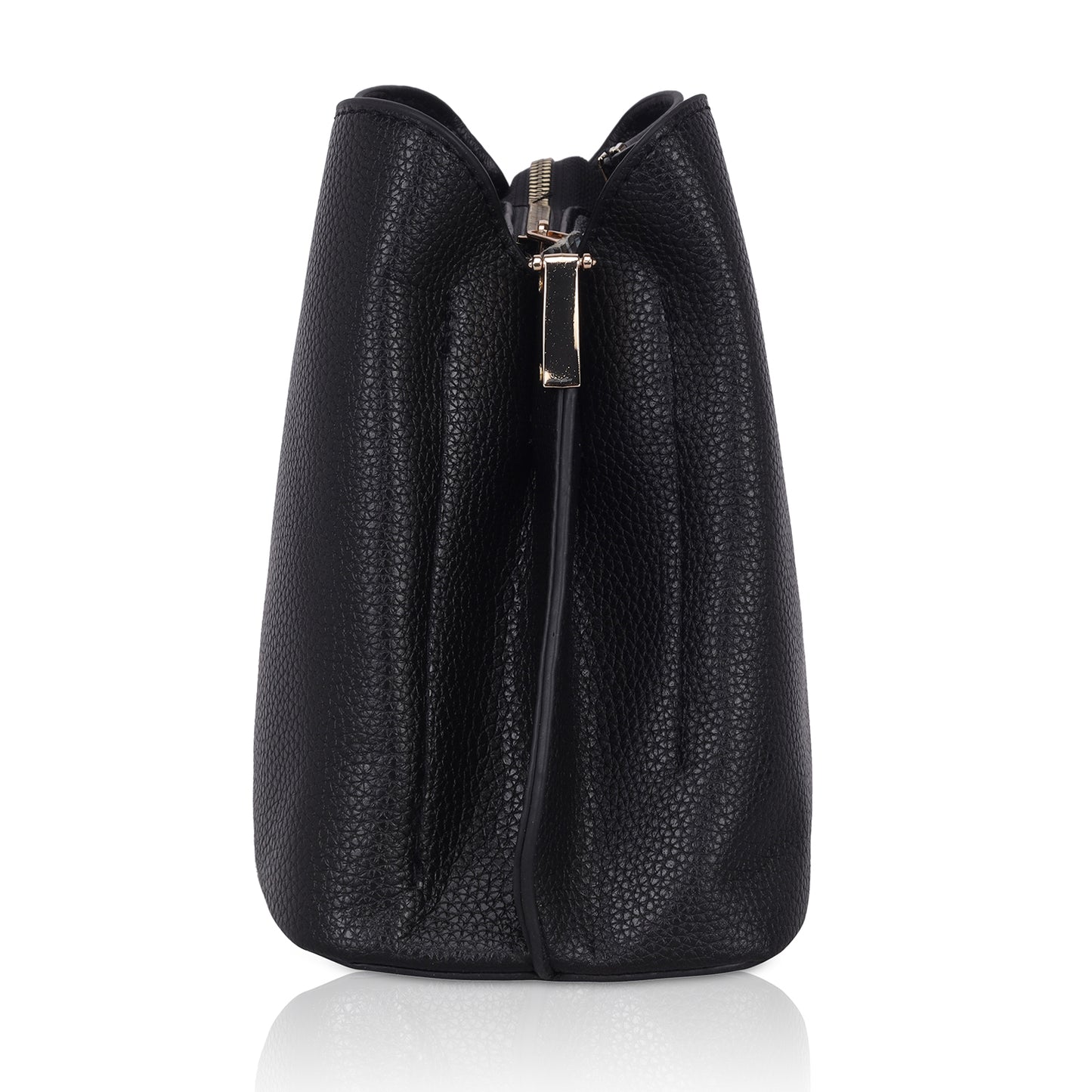 Angeline's stylish black leather shoulder sling bag for women, featuring a long handle and gold zipper pull, viewed from the side.