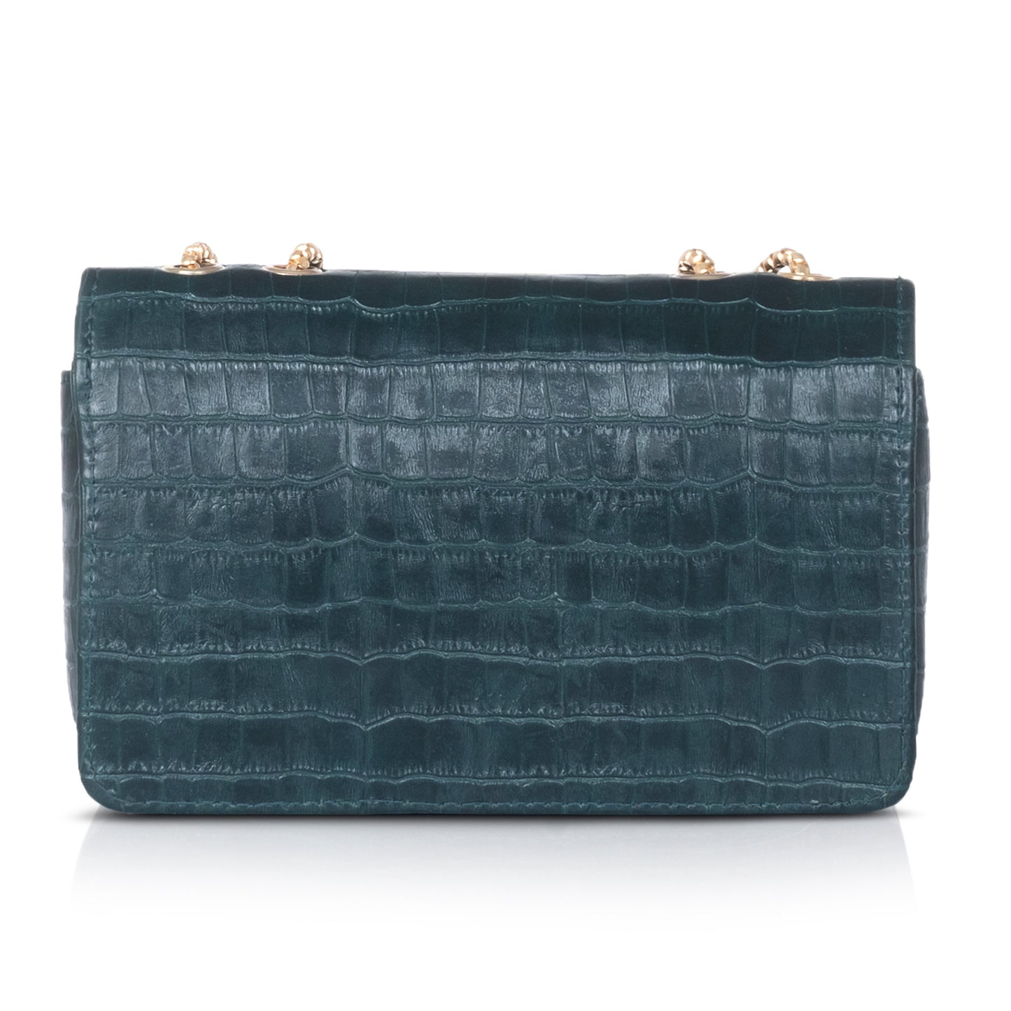 Close-up of the black croc-textured purse’s embossed leather, capturing its rich, tactile surface.