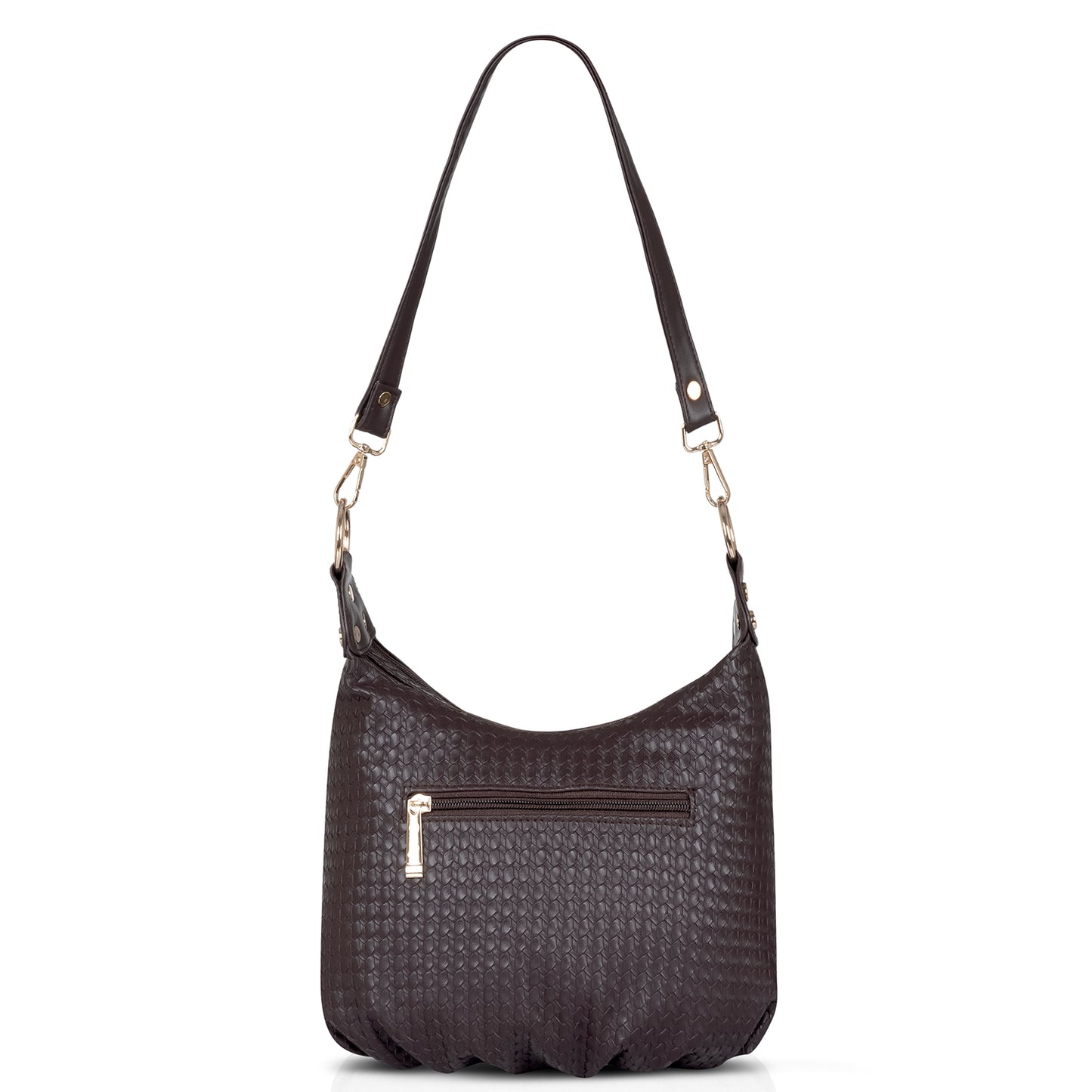 Black shoulder bag with gold chain and quilted pattern for flair.