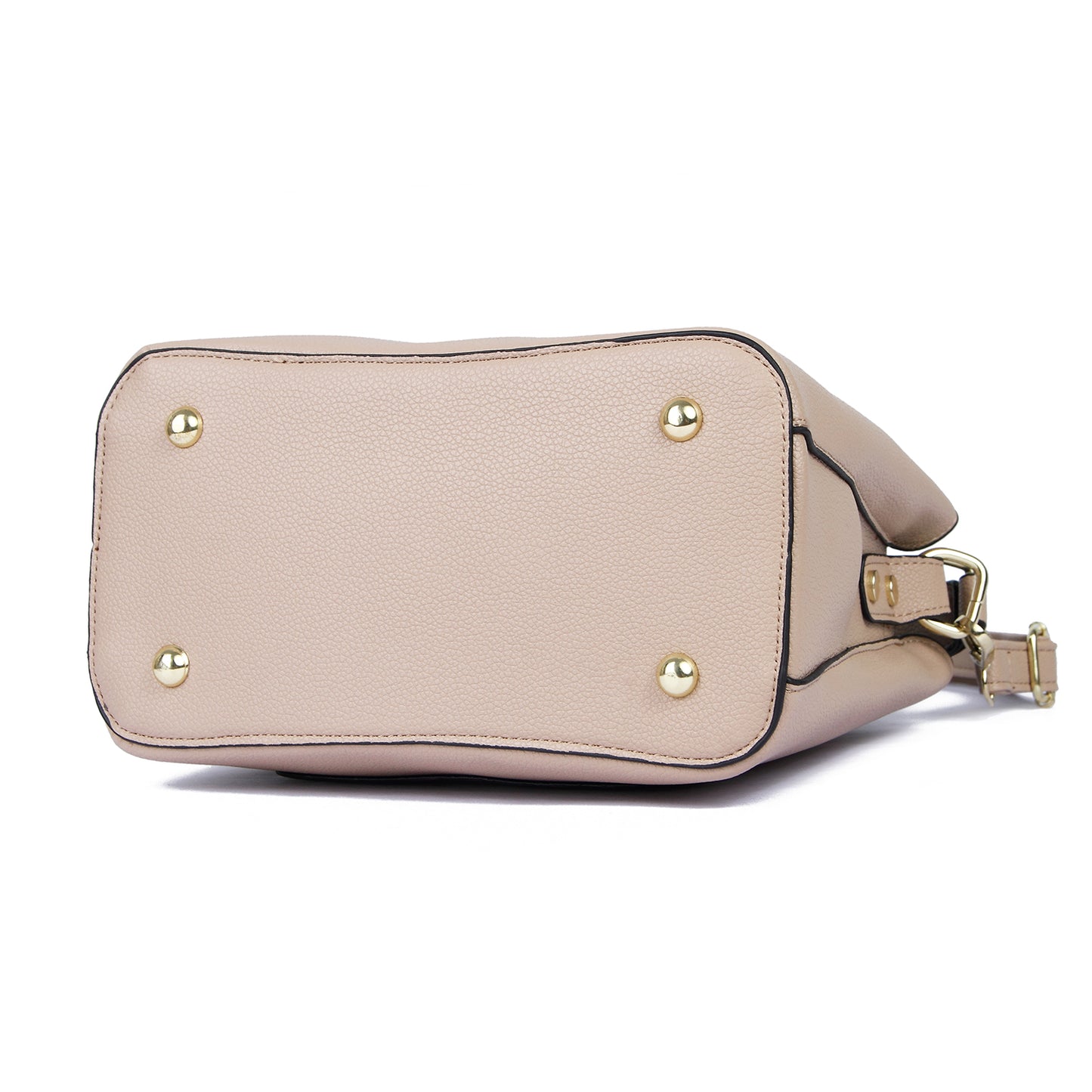 Beige tote bag with pockets, featuring a clasp closure and gold hardware, lying on its back to showcase the bottom design. Perfect for both style and function.