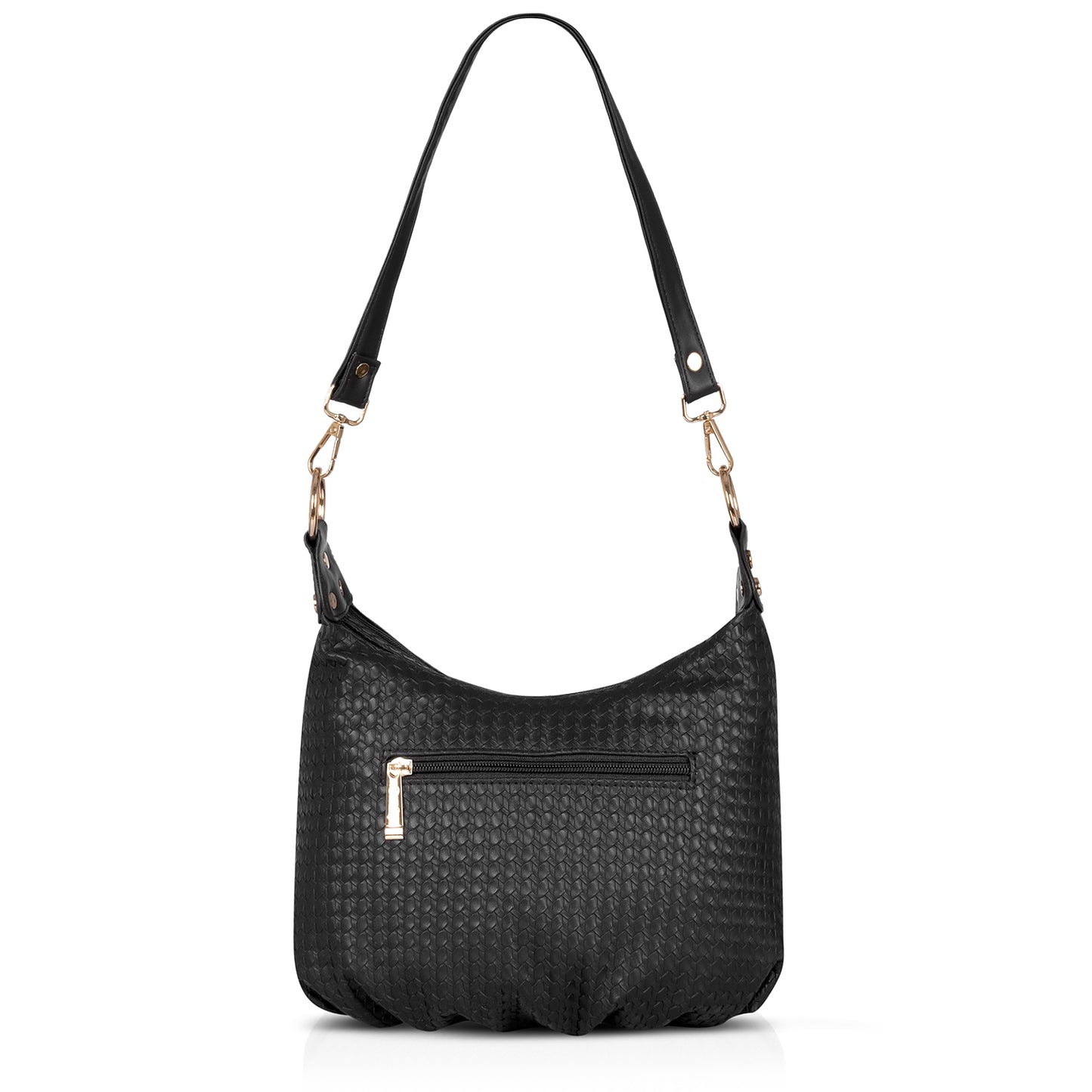 Stylish black textured bag with chain strap for evening outings.