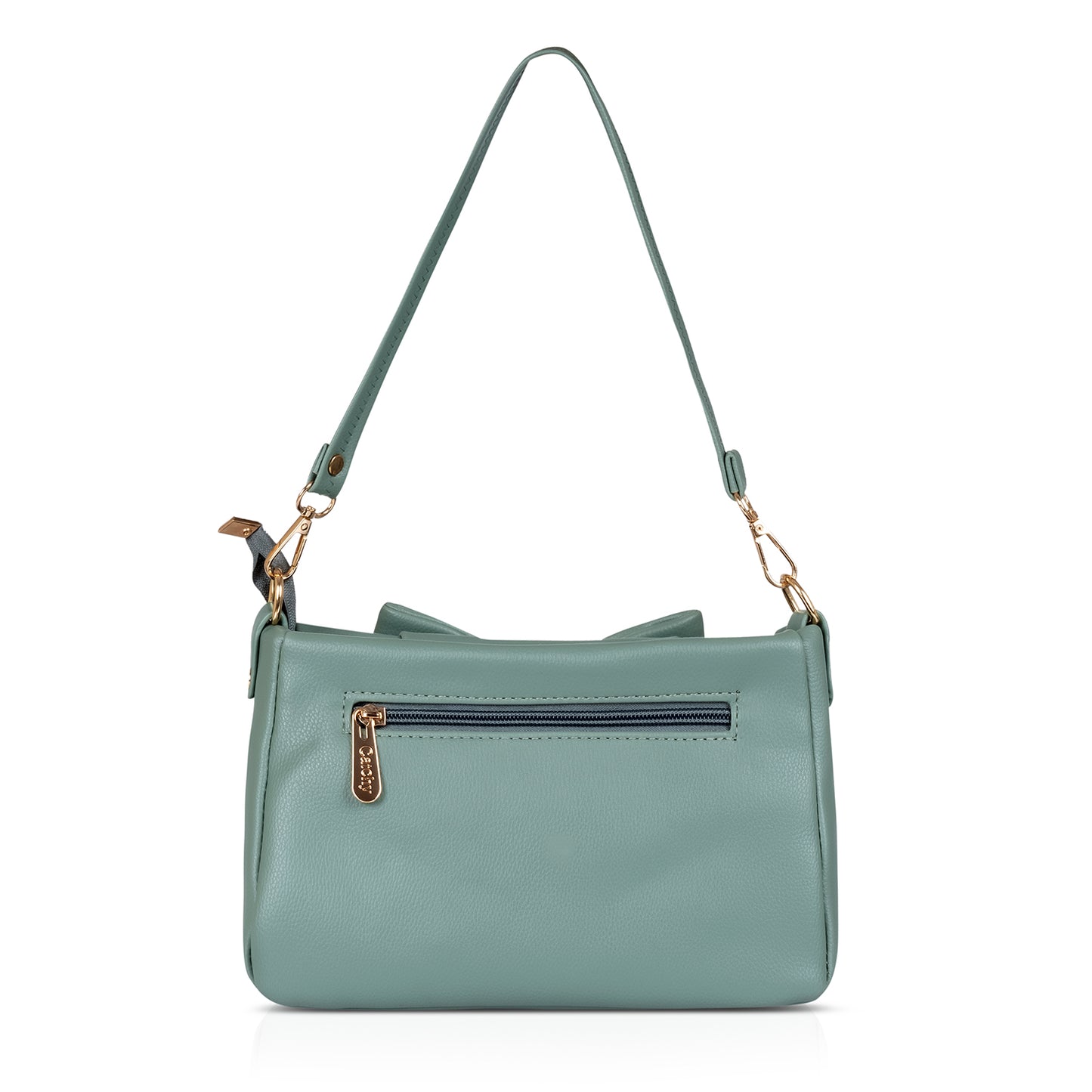 Close-up of bow accent on PU leather handbag, showcasing detailed craftsmanship.