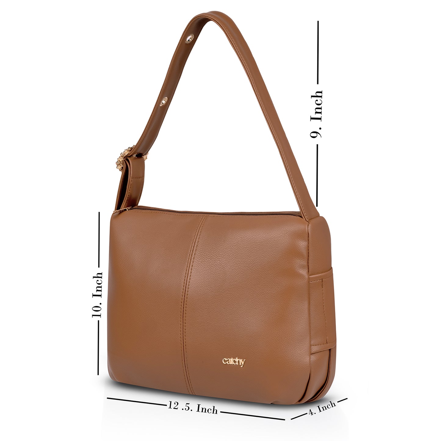Premium tan coloured handbag with gold-toned hardware, a shoulder strap, and spacious design. Medium-sized hand bag measuring 10 inches tall, 12.5 inches wide, and 4 inches deep—perfect for everyday elegance.