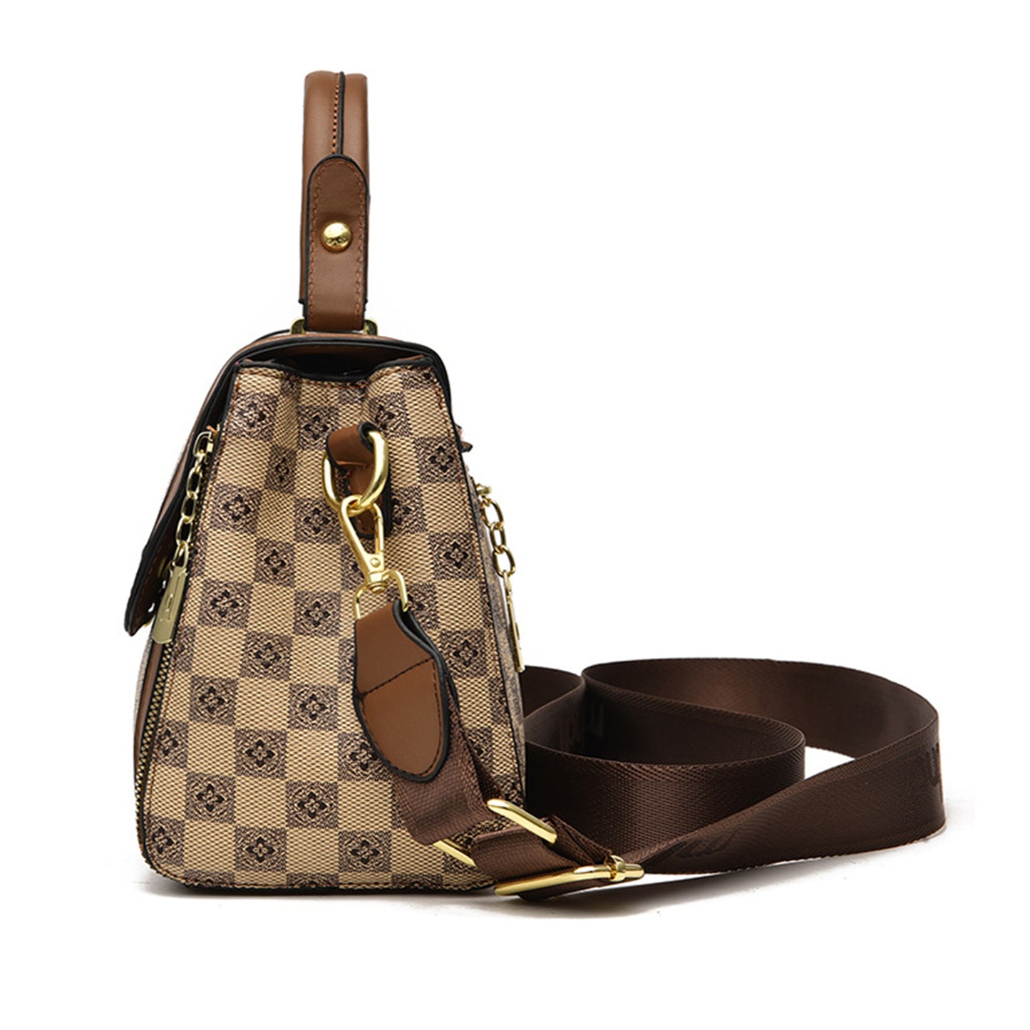 Tan brown structured PU leather sling bag with hardware, detachable shoulder strap, and stylish handle – a comfortable, practical bag for everyday use.