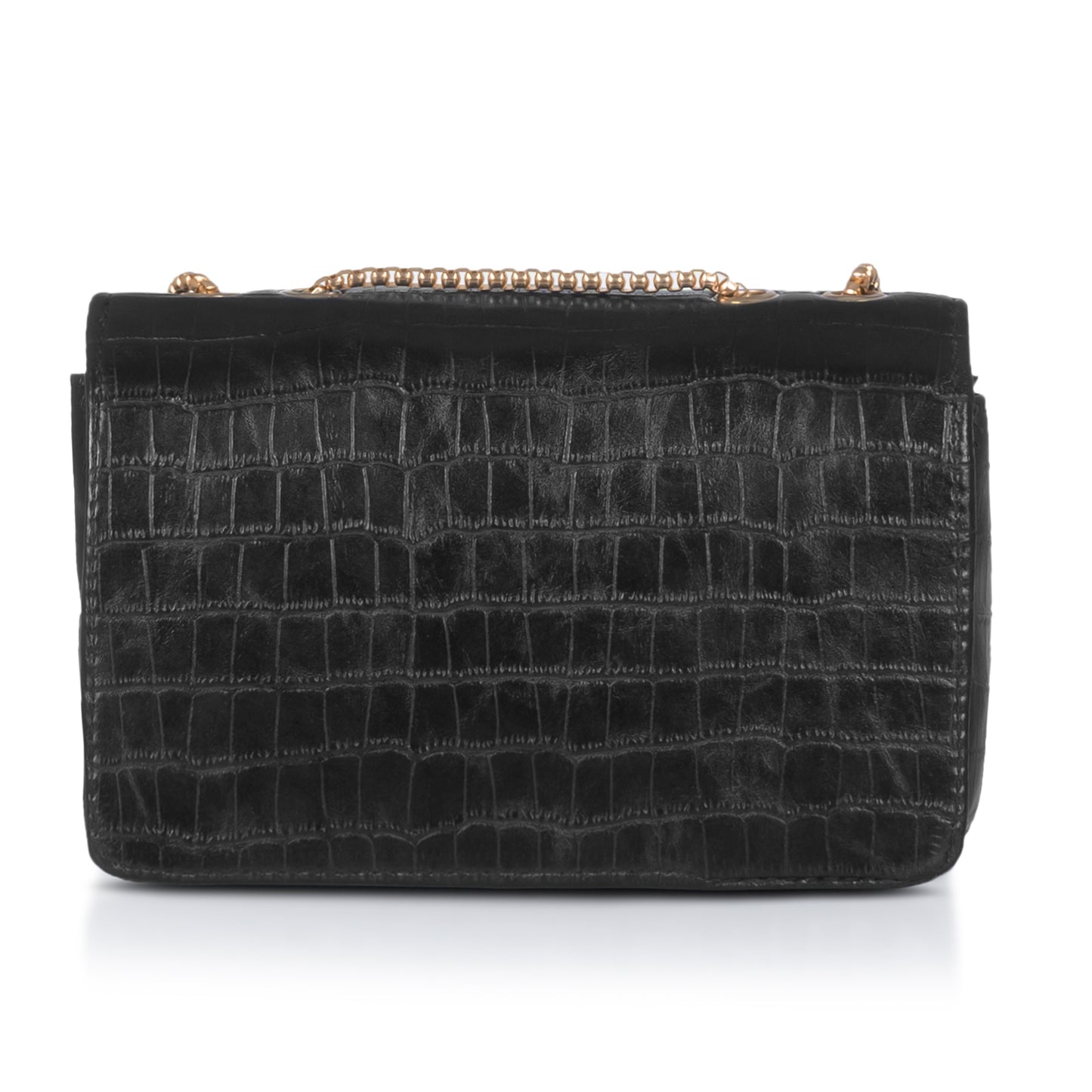 Black croc-patterned handbag with a spacious interior, featuring organized compartments for daily essentials.