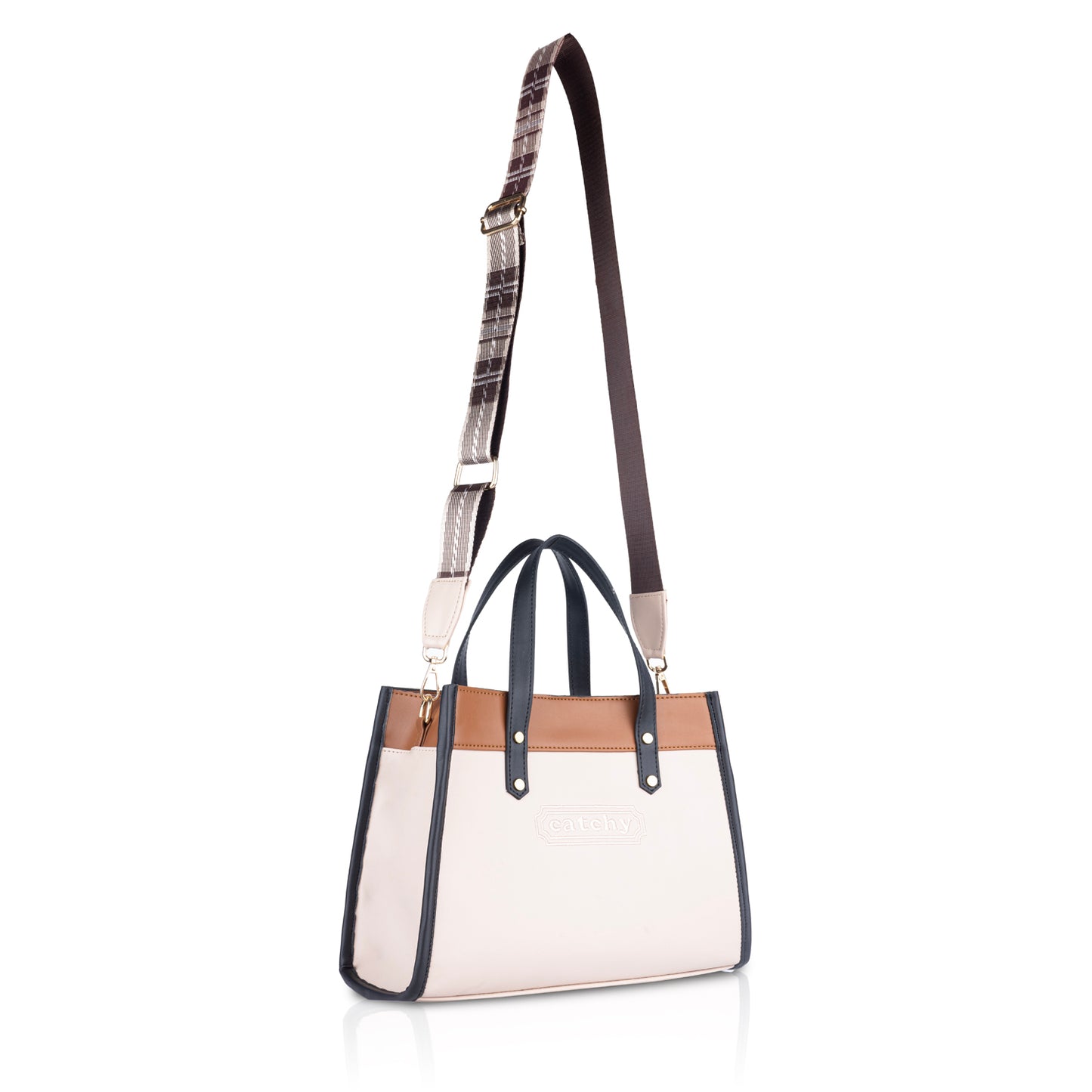 Women's White Structured Handbag with Tan Accents - Medium Size Hand Bag for Work Office & Daily Use