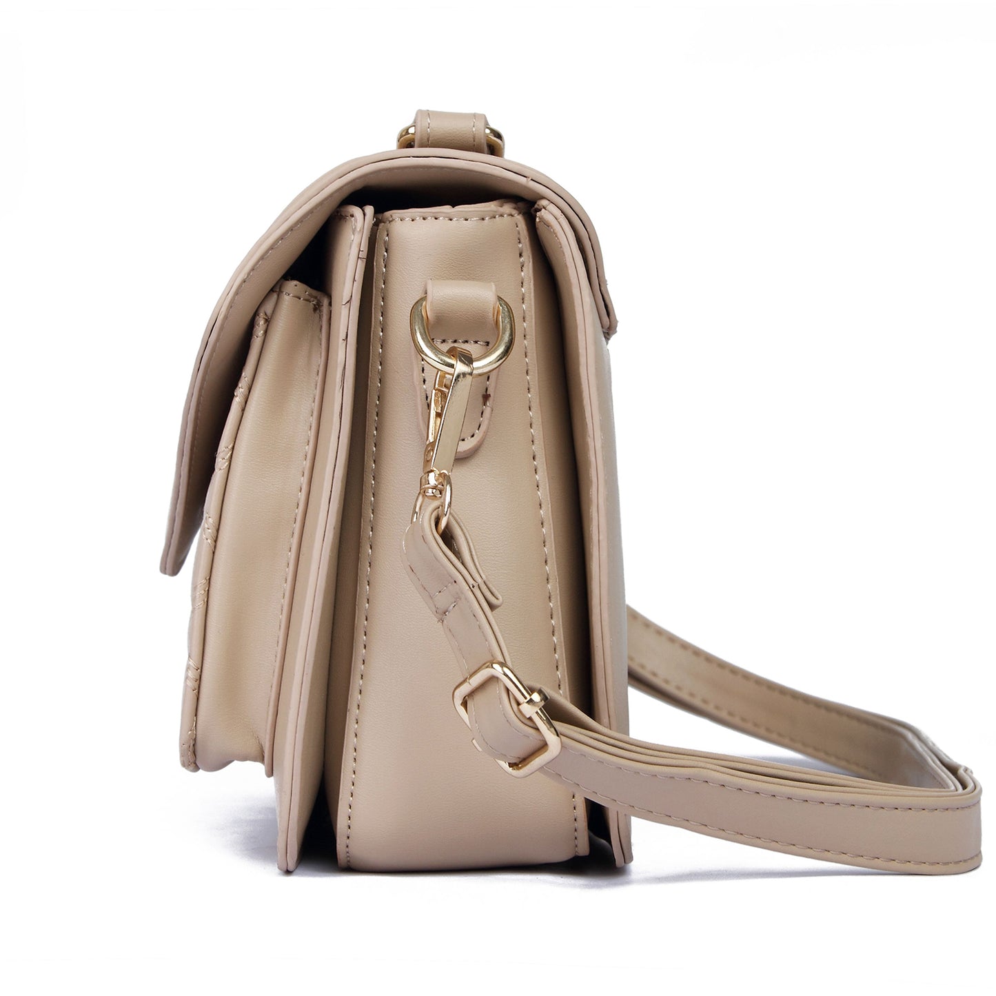 Elegant beige crossbody handbag with gold hardware, front flap, and multiple compartments.