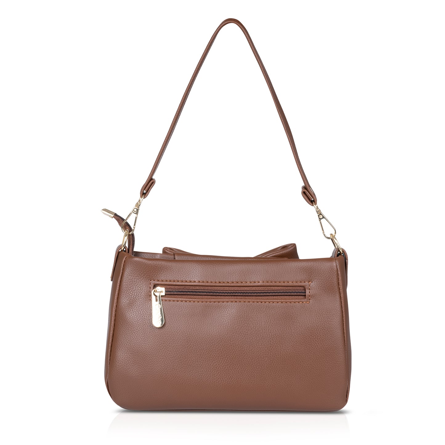 Open brown PU leather handbag revealing cotton lining and zippered pocket.