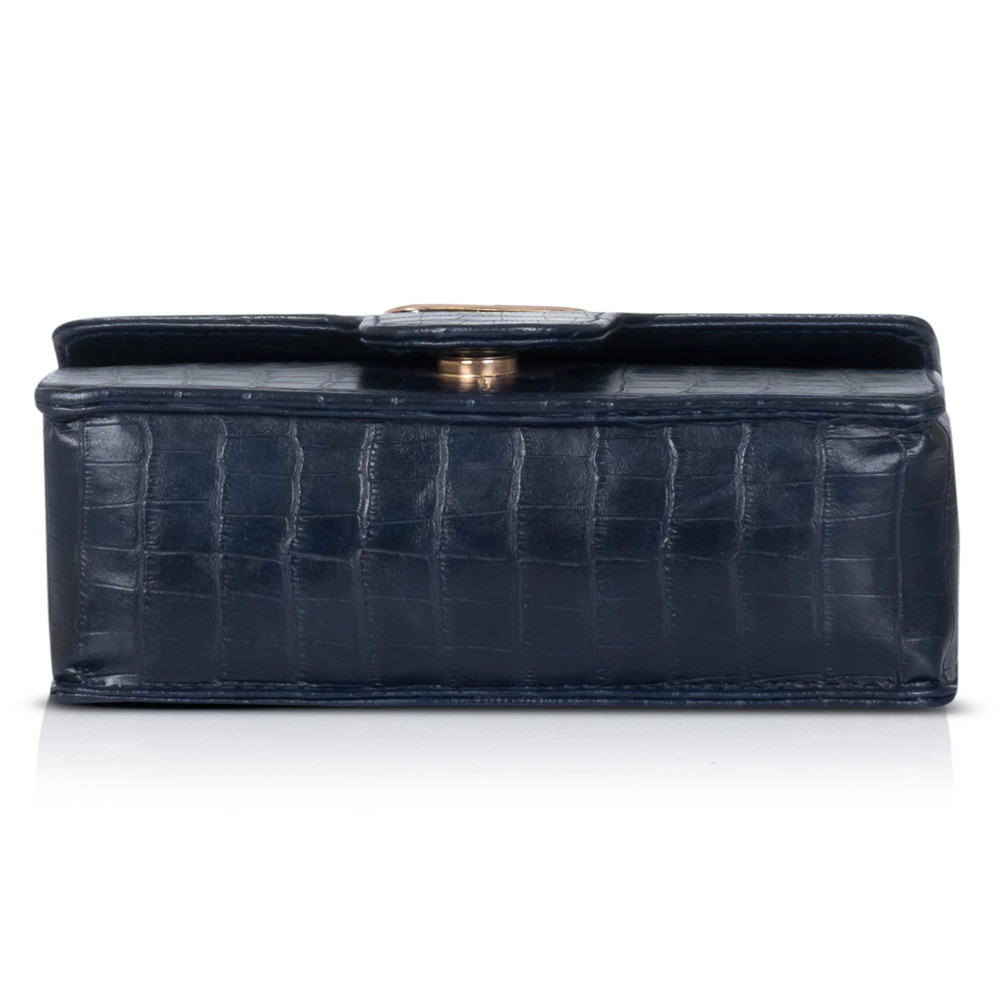 Angled view of a black crocodile-patterned handbag, highlighting its sleek lines and modern design.