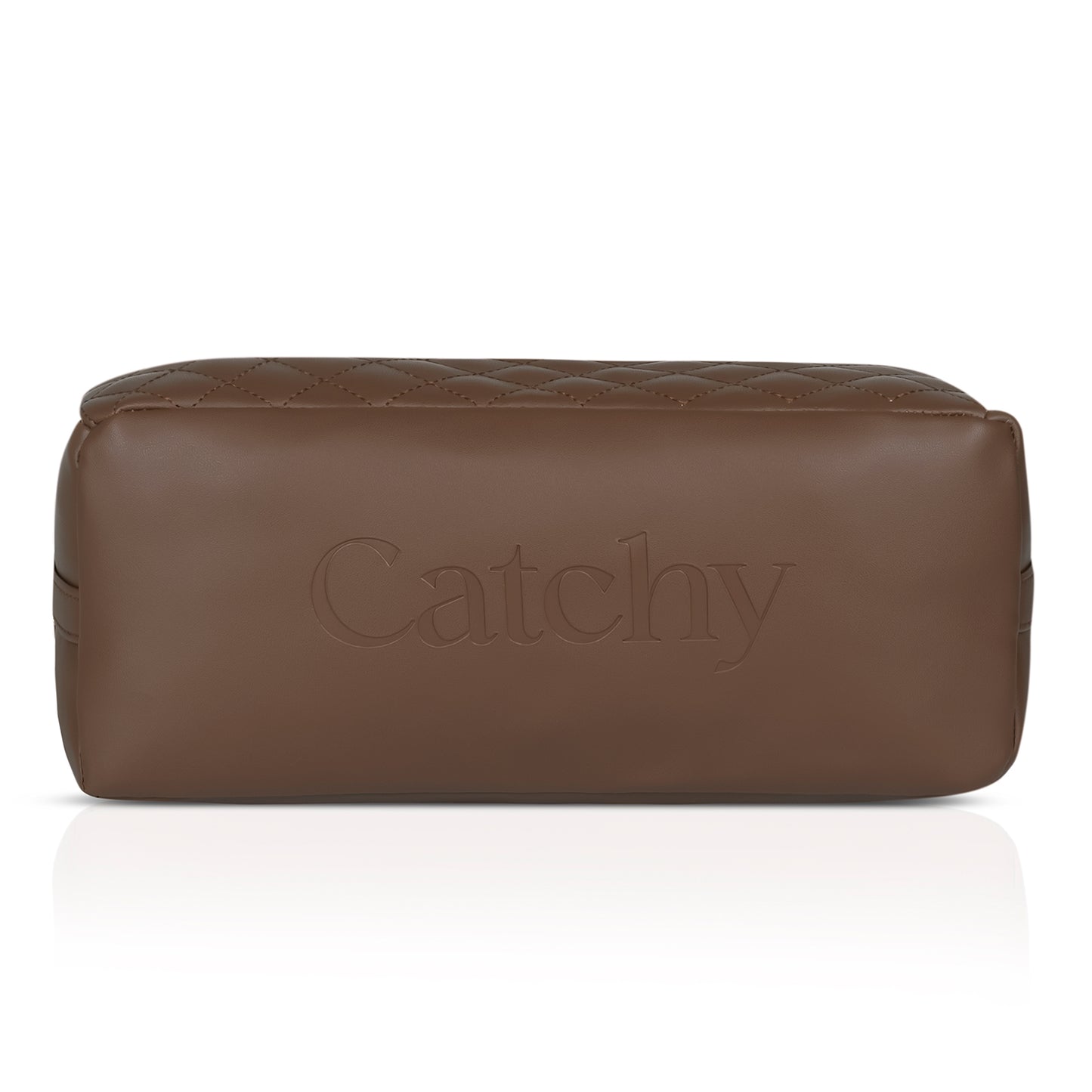 Side view of black quilted handbag with gold-tone accents.