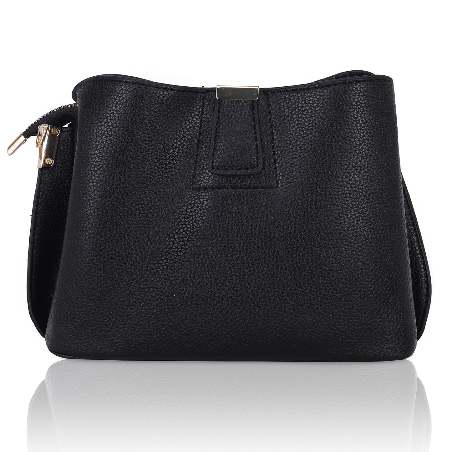 A black leather women's shoulder sling bag with gold hardware and a long handle, combining style and functionality for everyday use.
