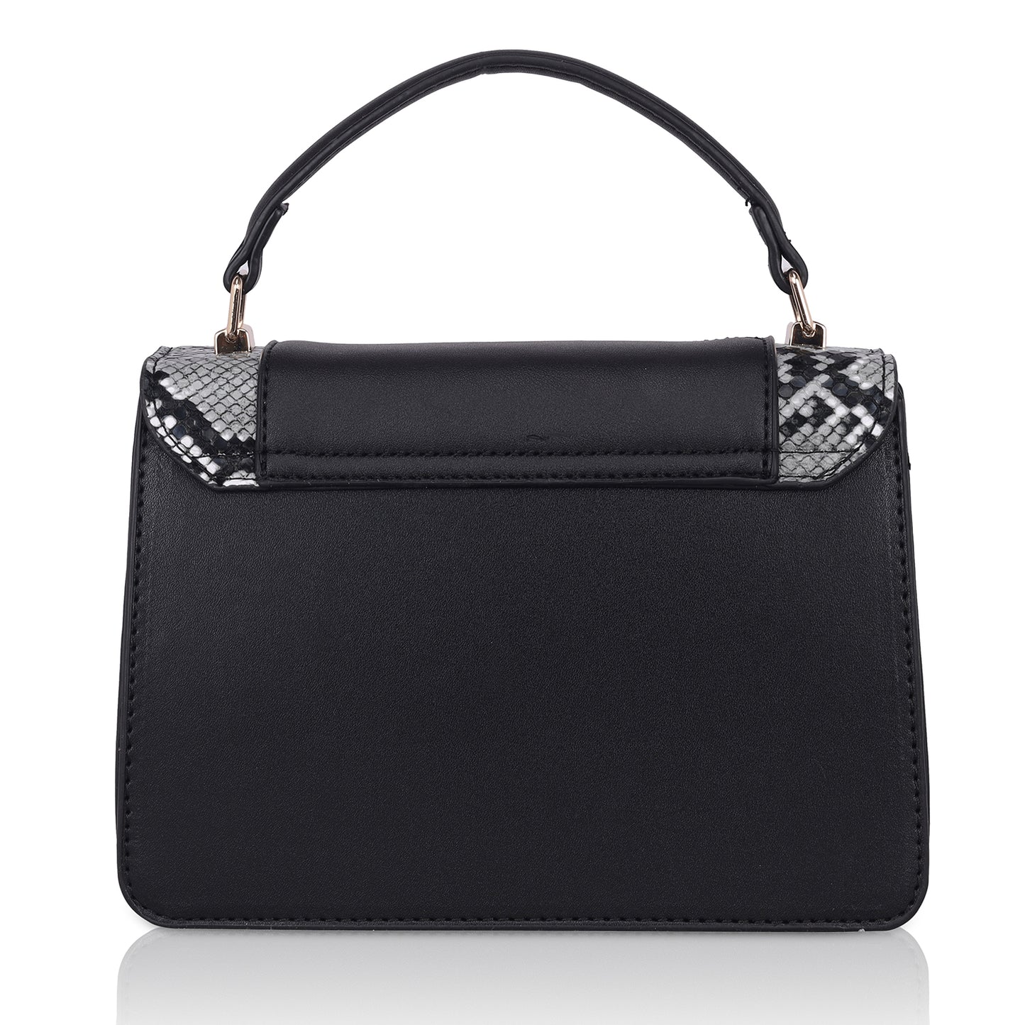 Back view of Angeline's black designer sling bag with crocodile pattern, showcasing its elegant design and gold hardware.