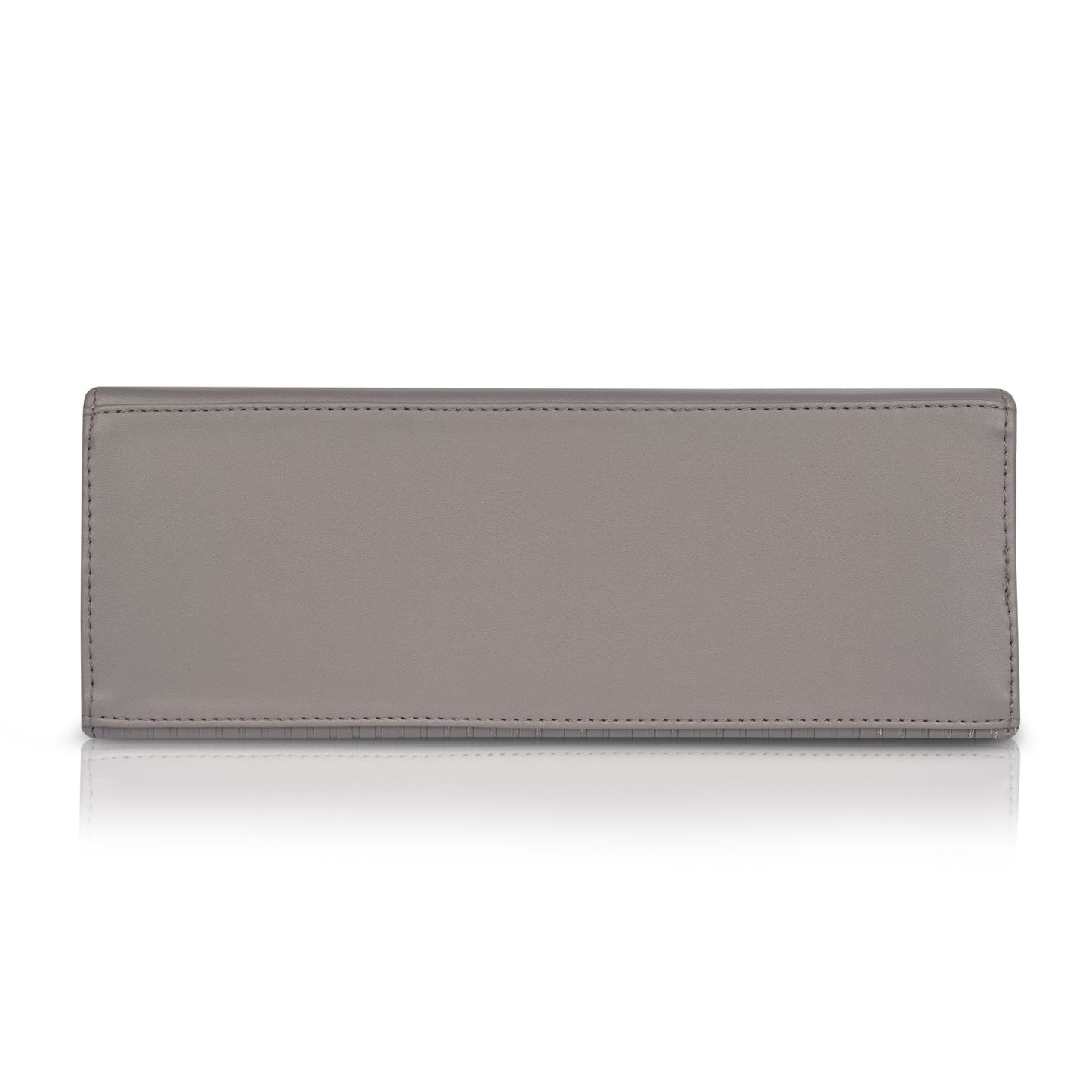 Back view of a gray designer handbag