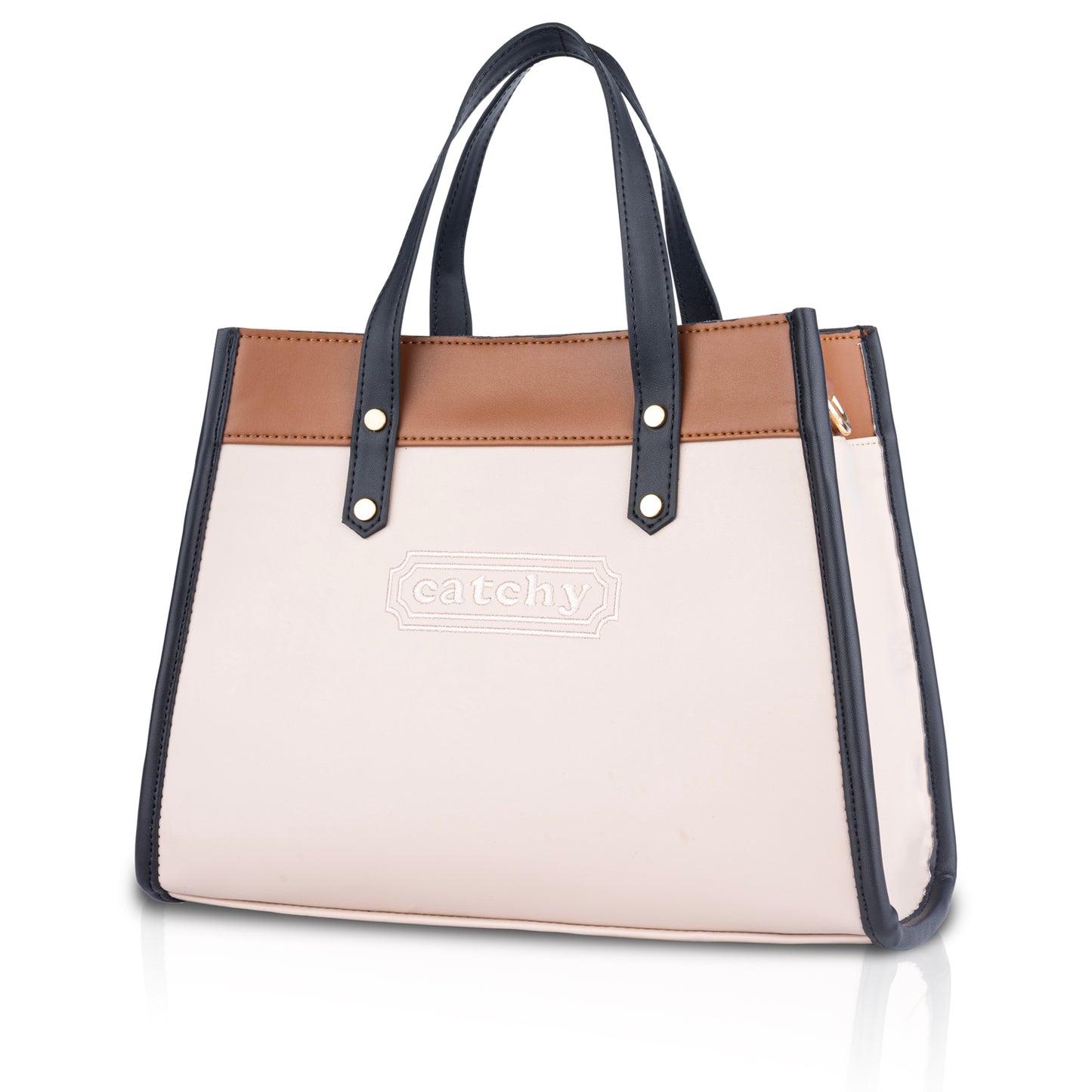 Women's White Structured Handbag with Tan Accents - Medium Size Hand Bag for Work Office & Daily Use