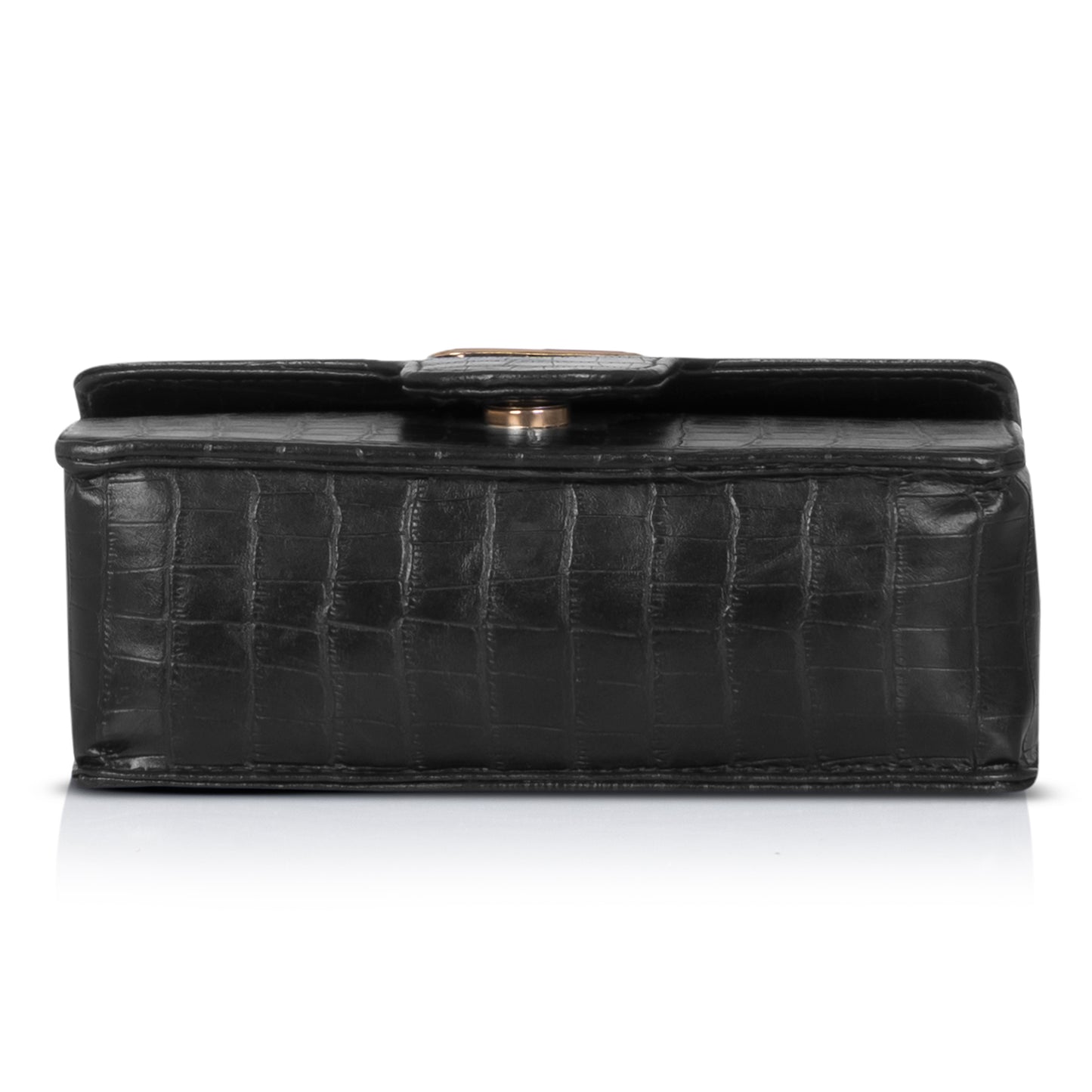 Side view of a premium black croc-textured purse, revealing its structured silhouette and adjustable shoulder strap.