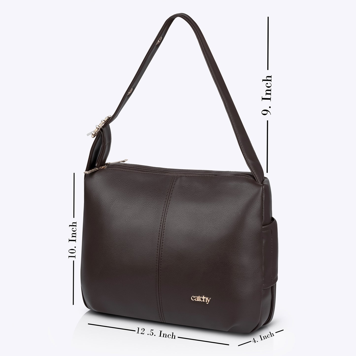 Premium brown color handbag with shoulder strap, tan accents, spacious design (12.5 x 10 x 4 inches), perfect as a medium-sized sling bag for everyday elegance.