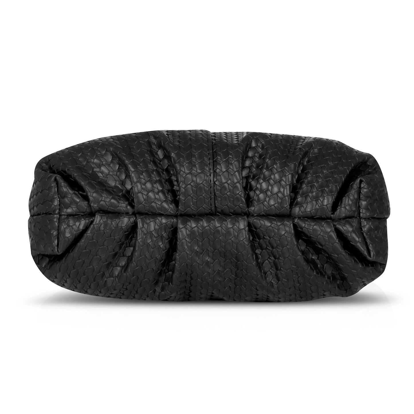 Sleek black textured purse with gold hardware in modern design.