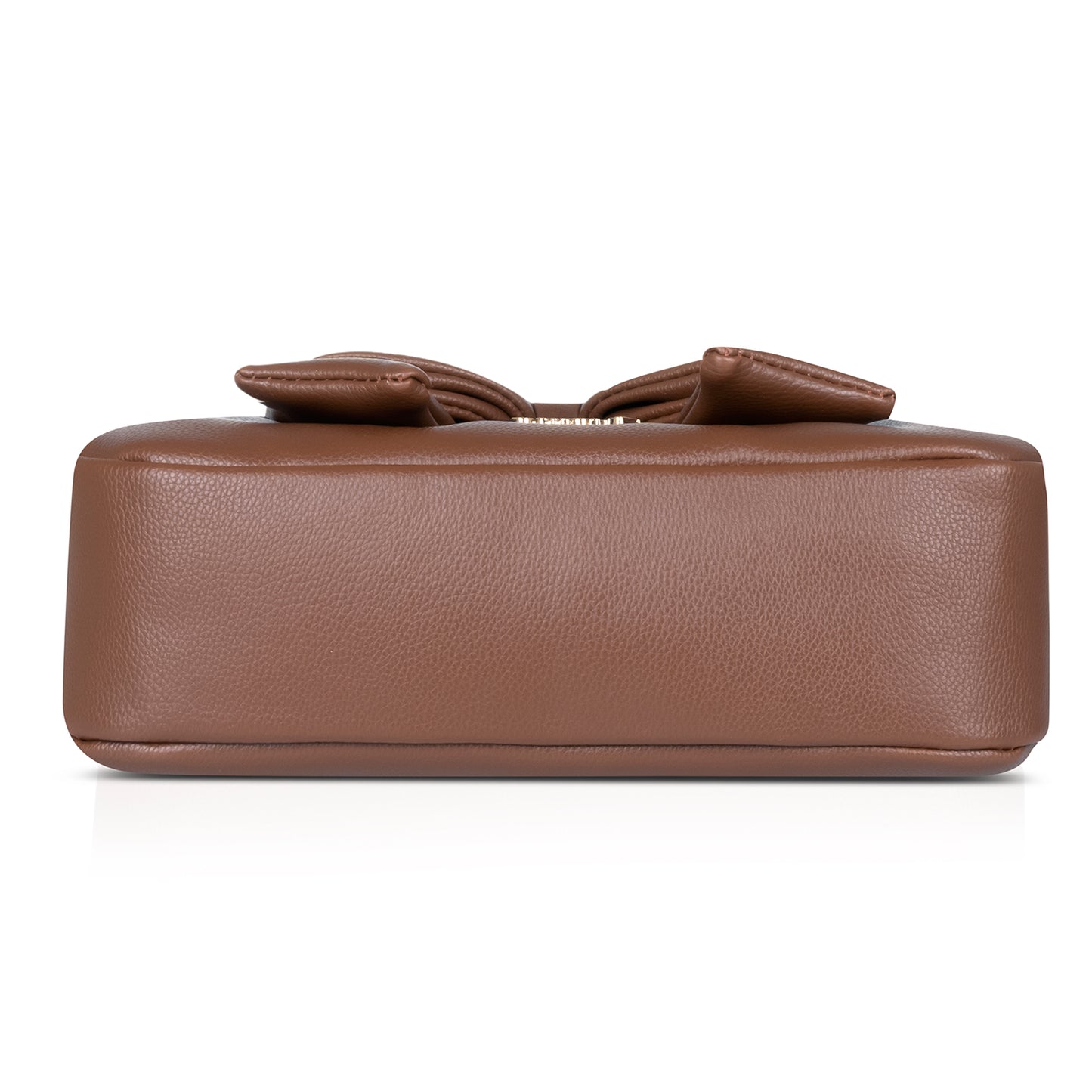 Front view of brown bow handbag, styled for a chic evening outfit.