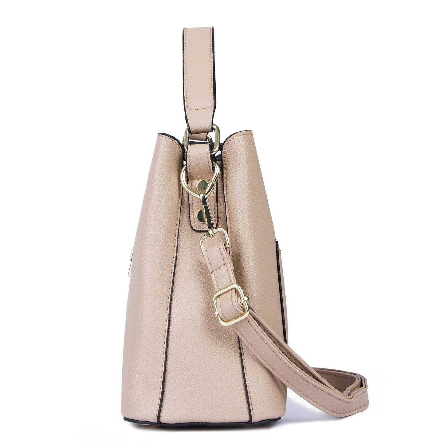 Side view of a beige Angeline women's tote bag with pockets and a detachable chain strap.