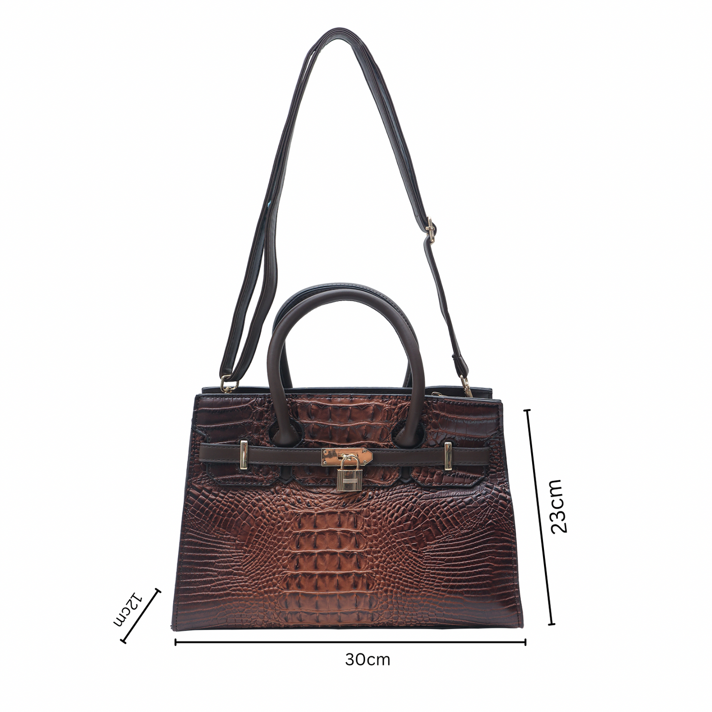 Close-up of medium size women hand bag with secure lock design.