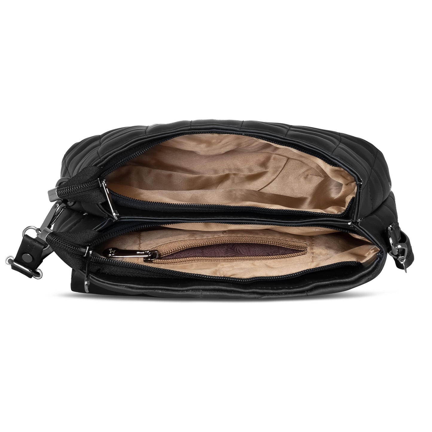 Women’s elegant black crossbody purse, designed with a chic quilted pattern.