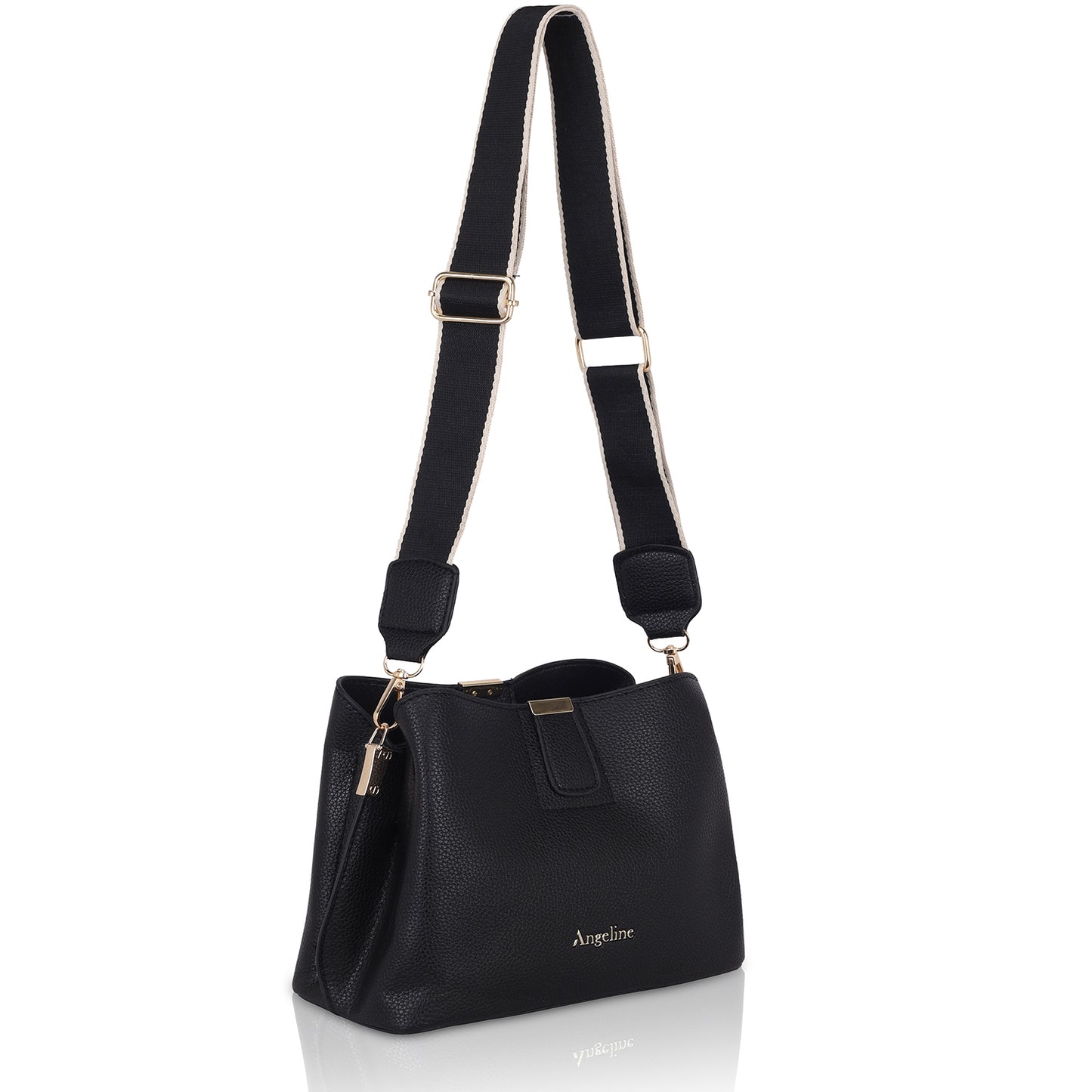 Black Angeline women's shoulder sling bag with long handle and wide striped shoulder strap