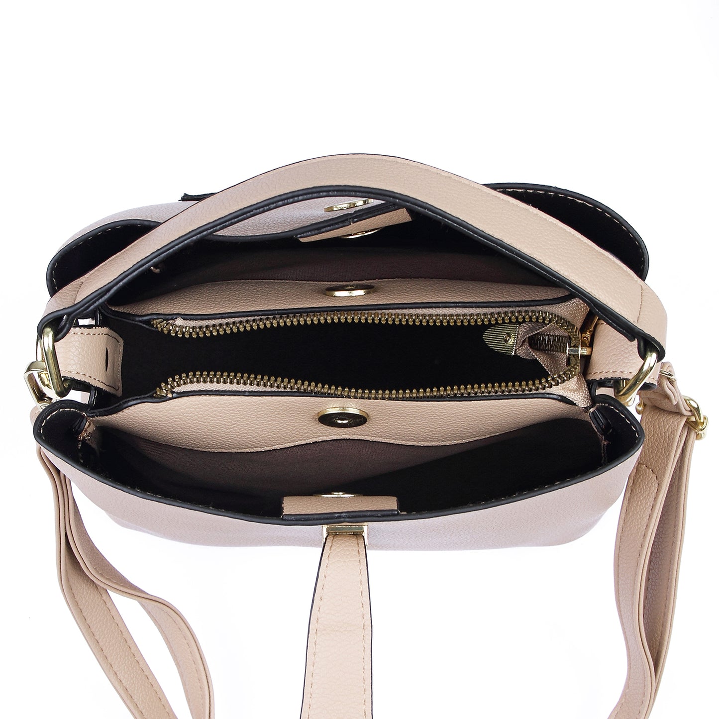 Beige Angeline women's tote bag with pockets and clasp closure, top view showing open interior compartments.