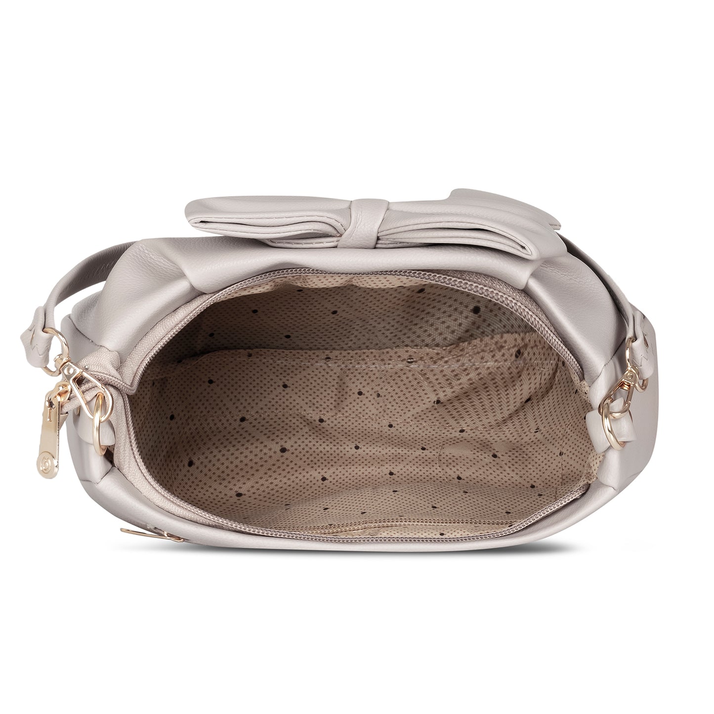 Brown bow handbag on a neutral backdrop, emphasizing timeless style.