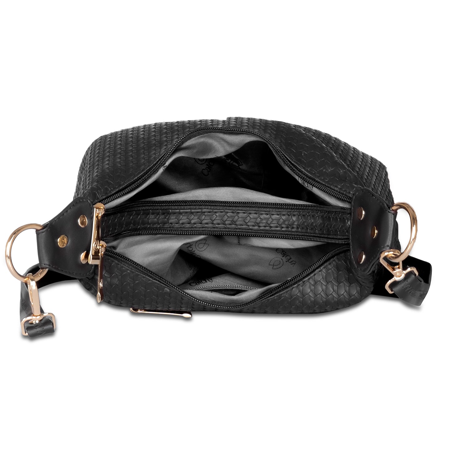 Black shoulder bag with woven chain strap on clean white surface.