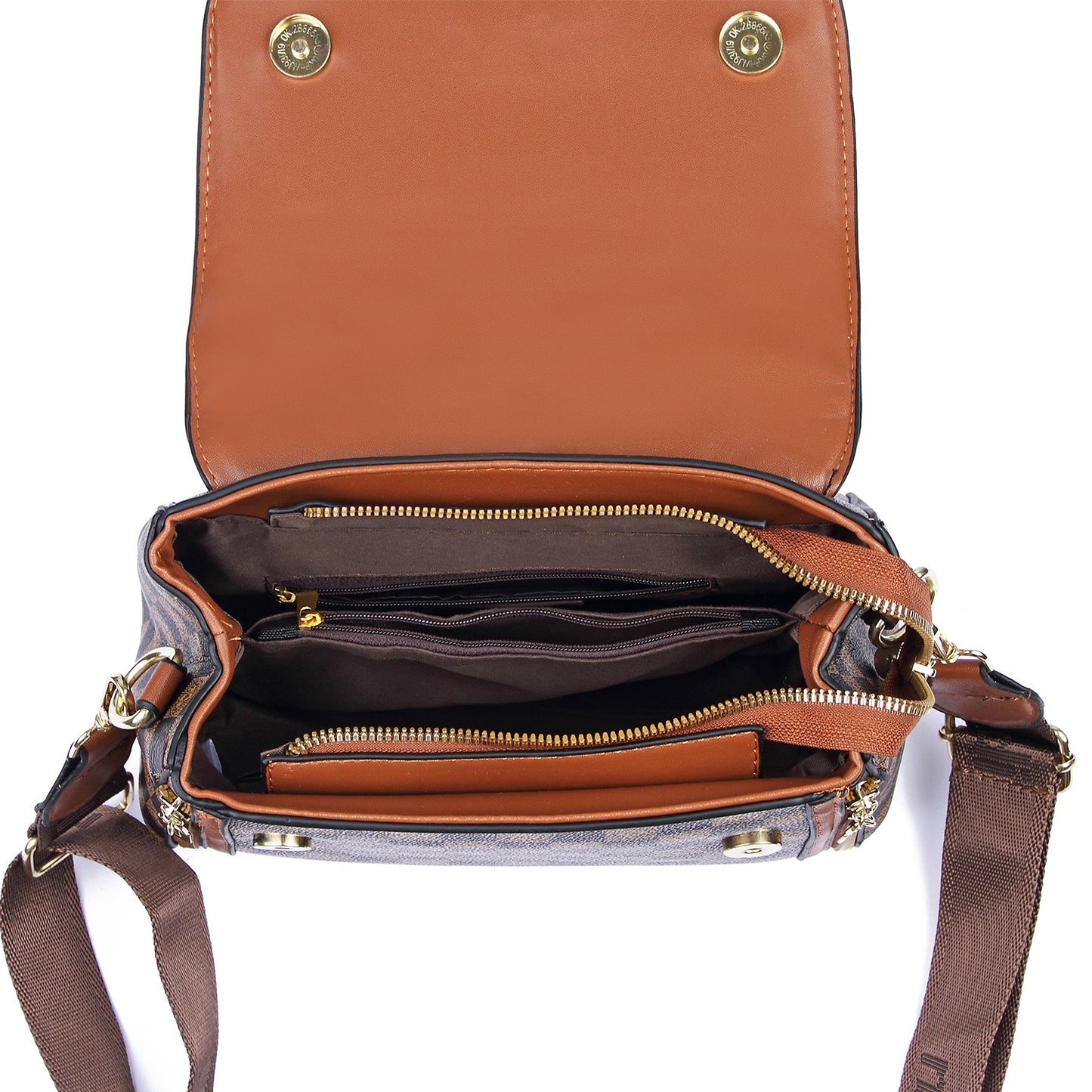 Tan brown structured PU leather sling bag with stylish handle, showcasing interior pockets and compartments for a comfortable, organized carry.