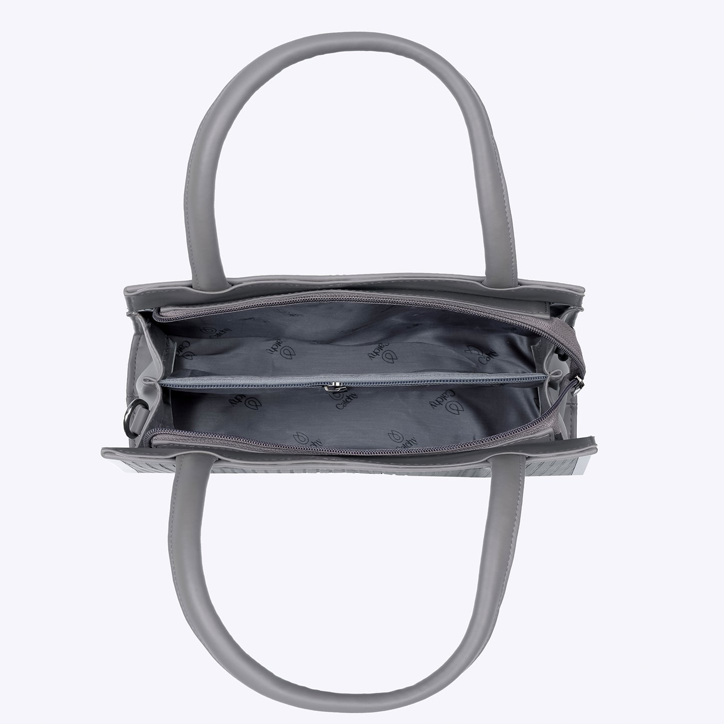 Top view of an open grey tote bag showing its interior lining and zippered pockets.