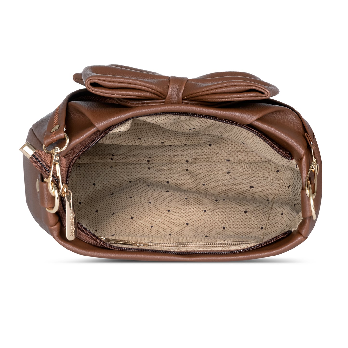 Side view of stylish brown PU leather shoulder bag with adjustable strap and bow detail.