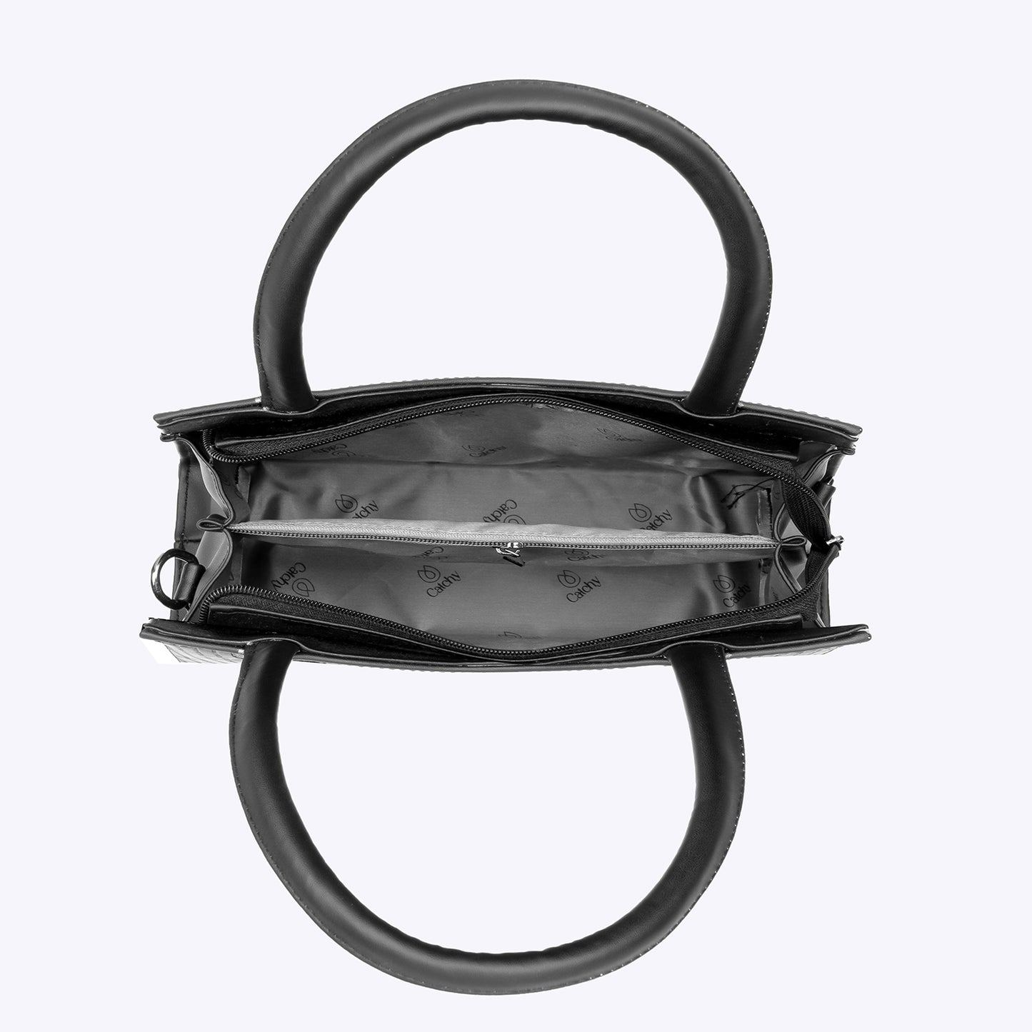 Stylish black designer handbag with open compartments, showcasing silver lining and elegant craftsmanship.