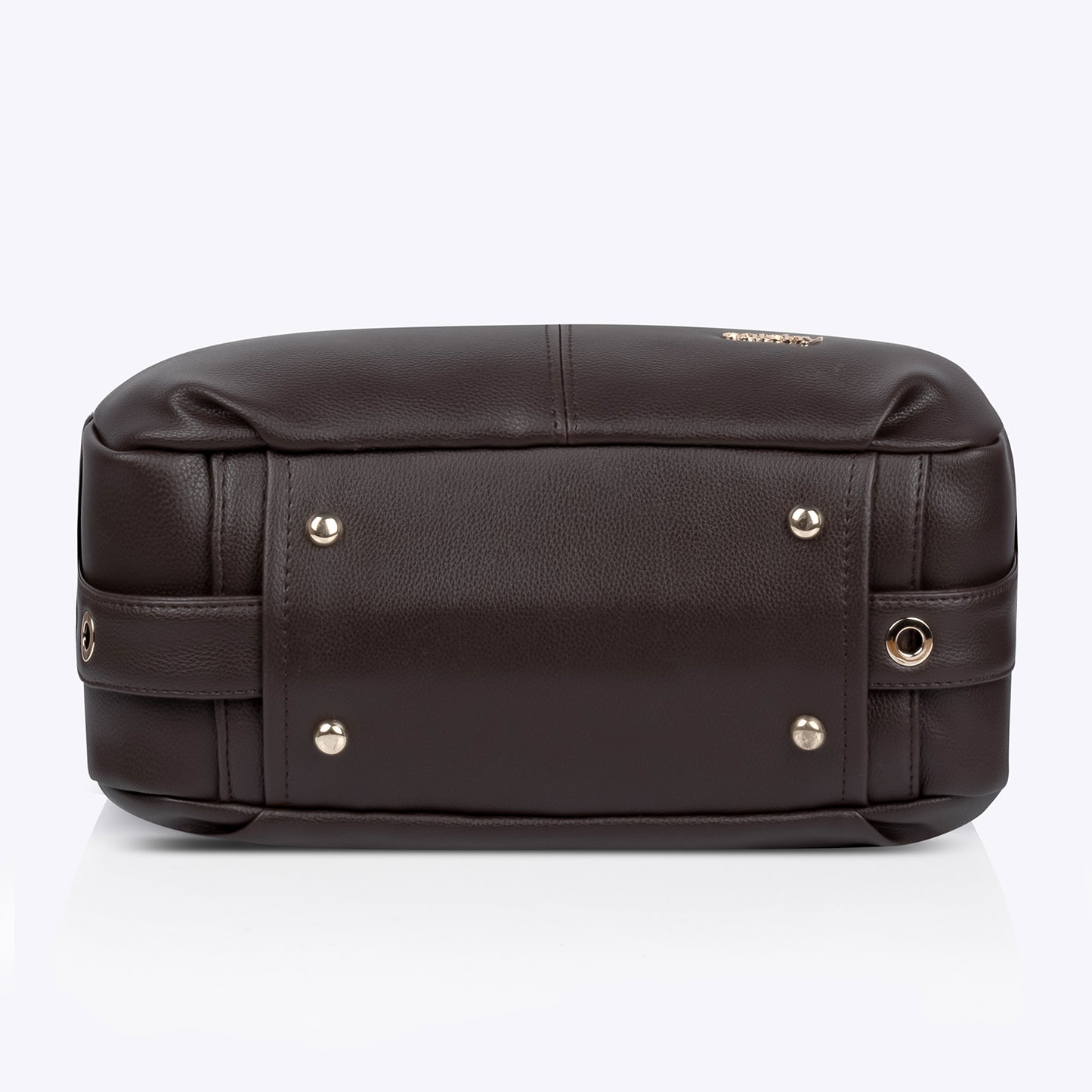 Premium brown color handbag with silver hardware and a gold logo on the front flap, showcasing a tan-colored, medium-sized, spacious design for everyday elegance.