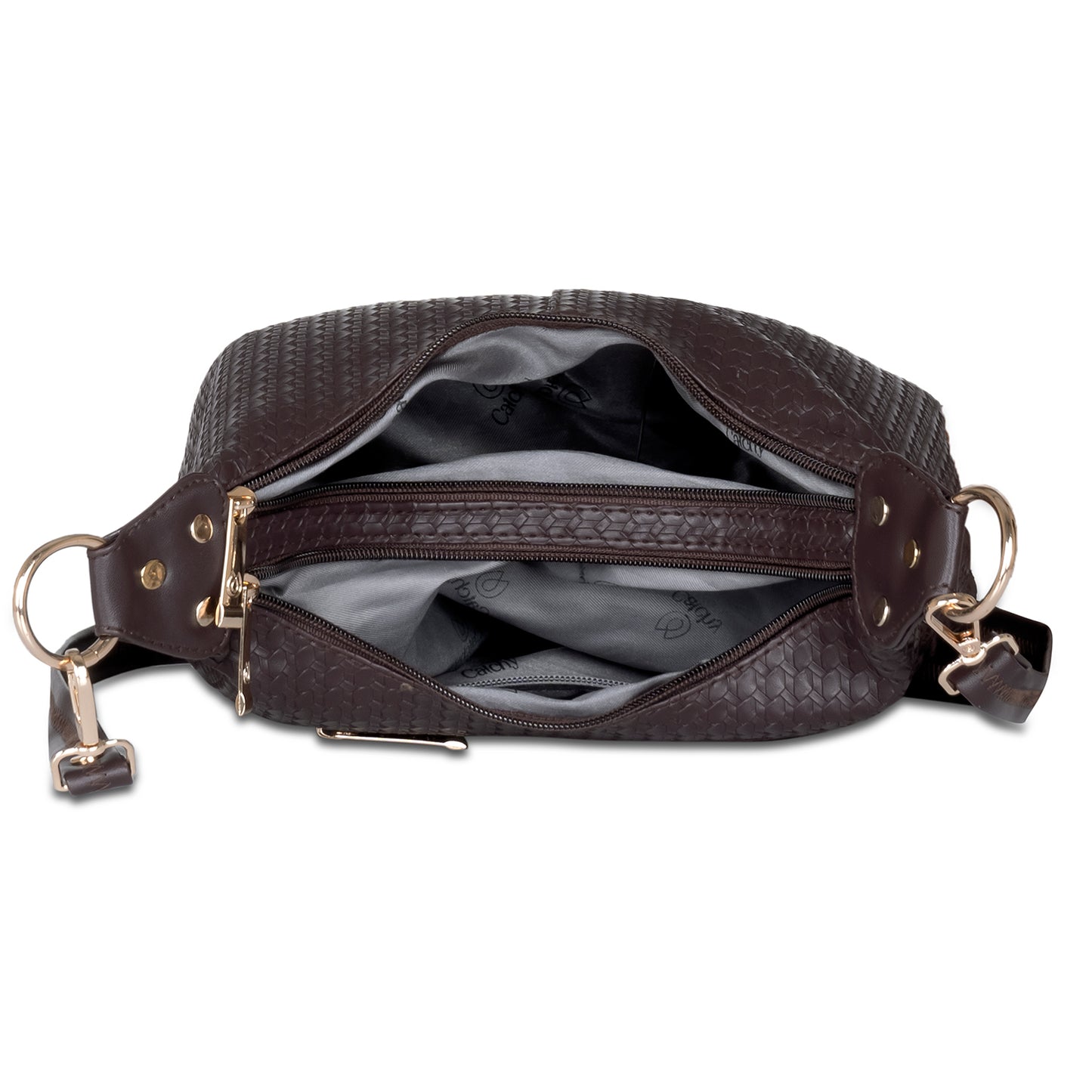 Modern black textured bag with gold chain for fashion-forward style.
