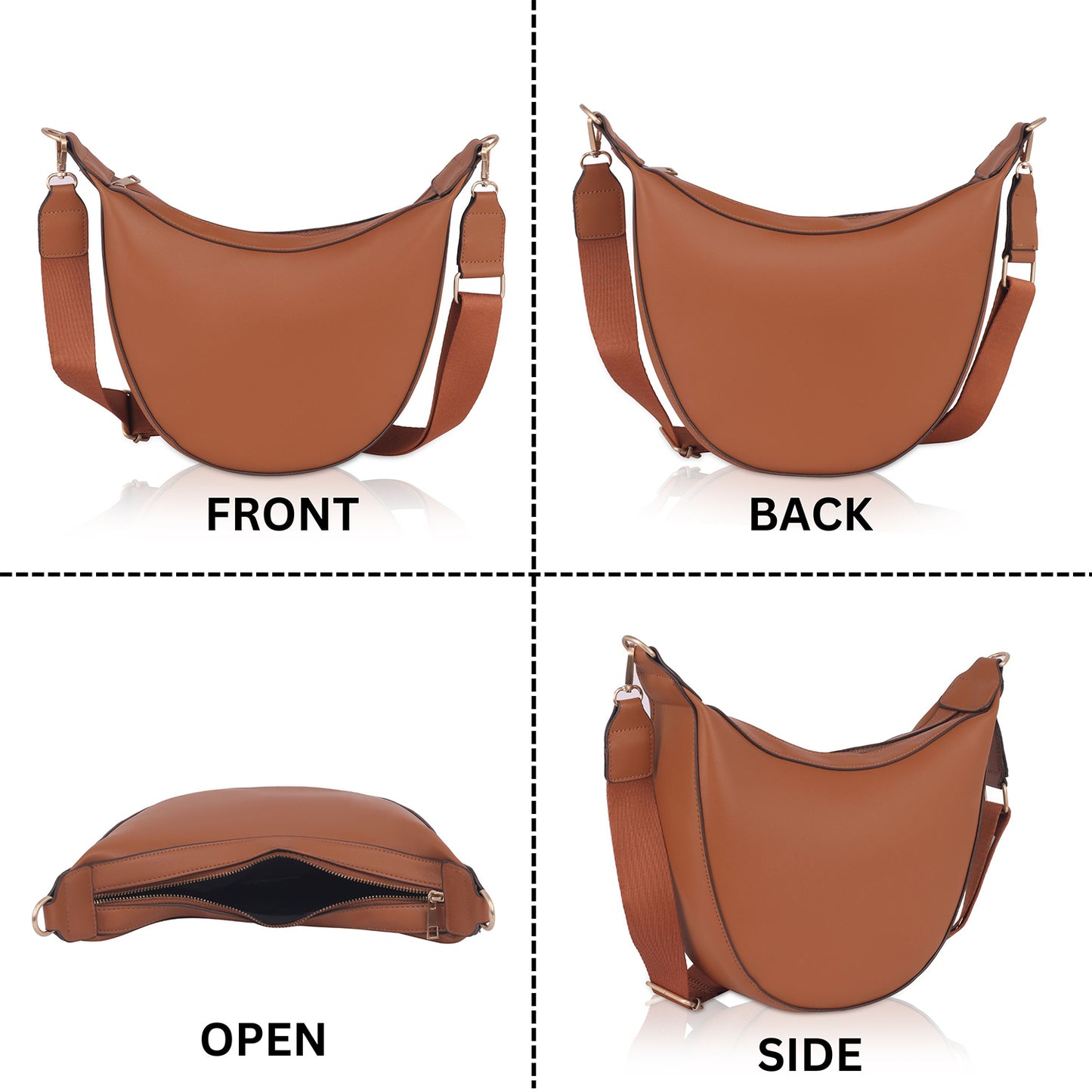 Woman wearing tan sling bags for daily use on the go for front , back open and side shoulder sling bag