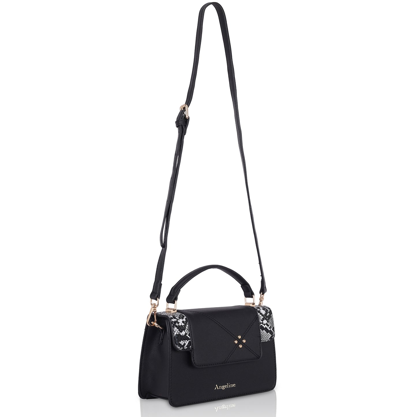 Angeline's black designer sling bag with a chic crocodile pattern and gold hardware.