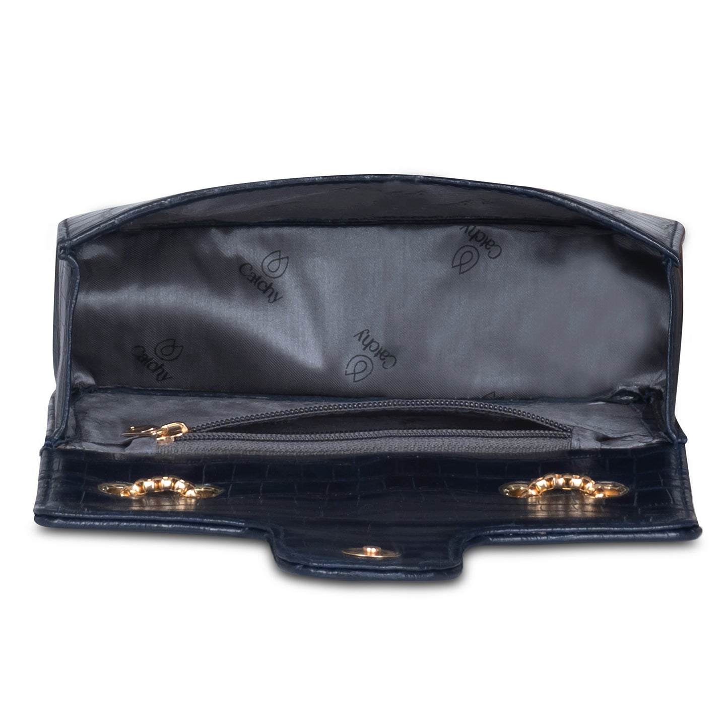 Black croc-embossed purse with a model in motion, showcasing its lightweight and practical design.