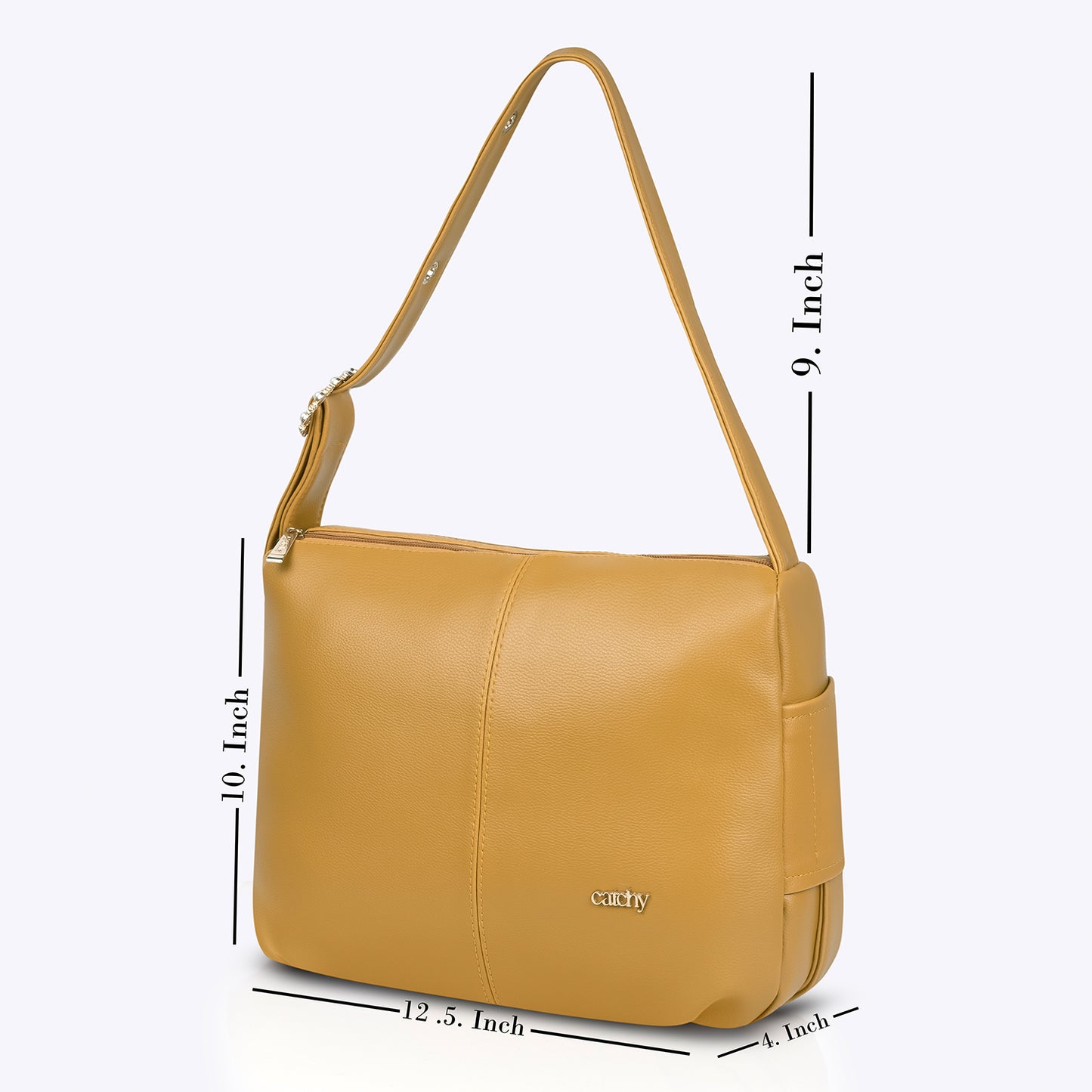 Catchy yellow medium handbag with dimensions - 12.5 inches wide, 10 inches tall, 4 inches deep, 9 inch strap drop.
