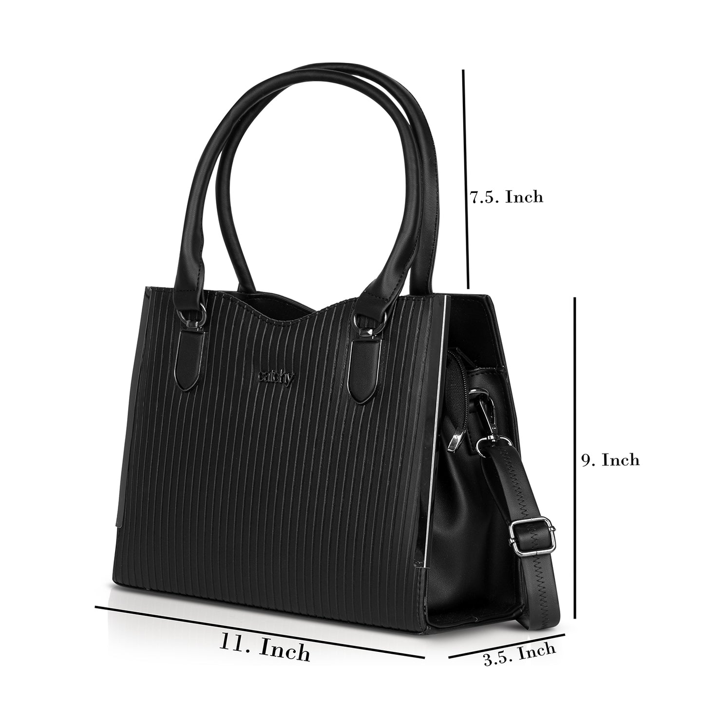 Elegant black designer handbag with a textured faux leather finish, measuring 11 x 9 x 3.5 inches, featuring a 7.5-inch handle height—lightweight and stylish for everyday use.