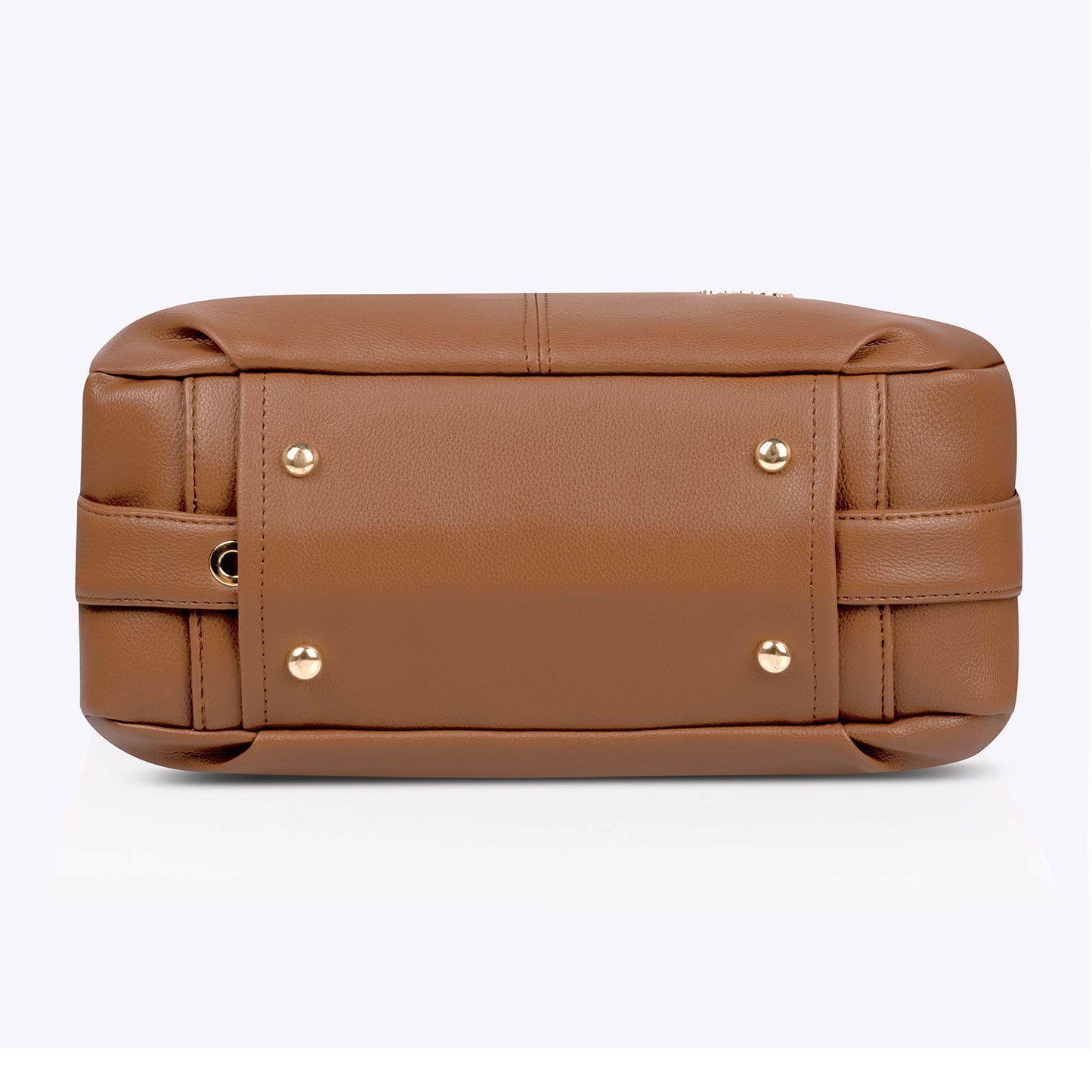 A tan leather handbag, viewed from the back, showcasing its gold metal accents and structured silhouette.