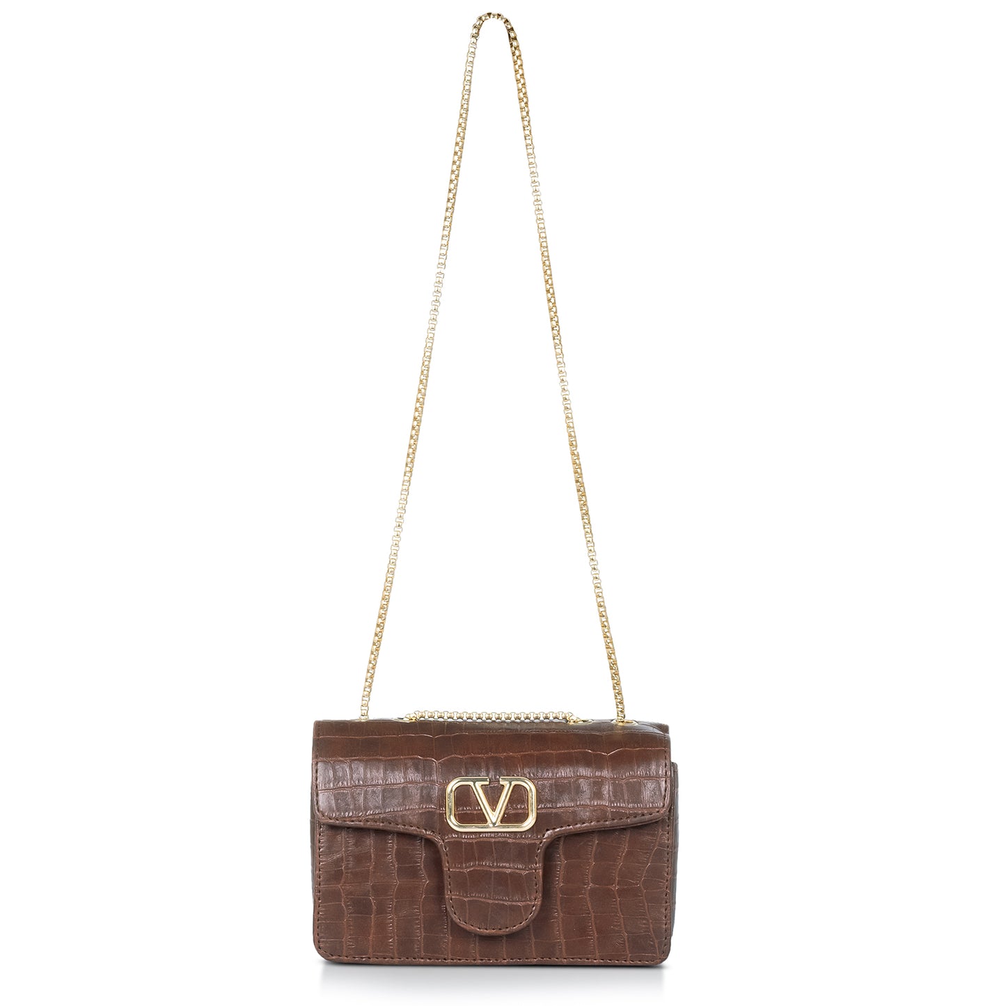 Black croc-patterned handbag in a lifestyle shot, carried confidently for work or weekend outings.