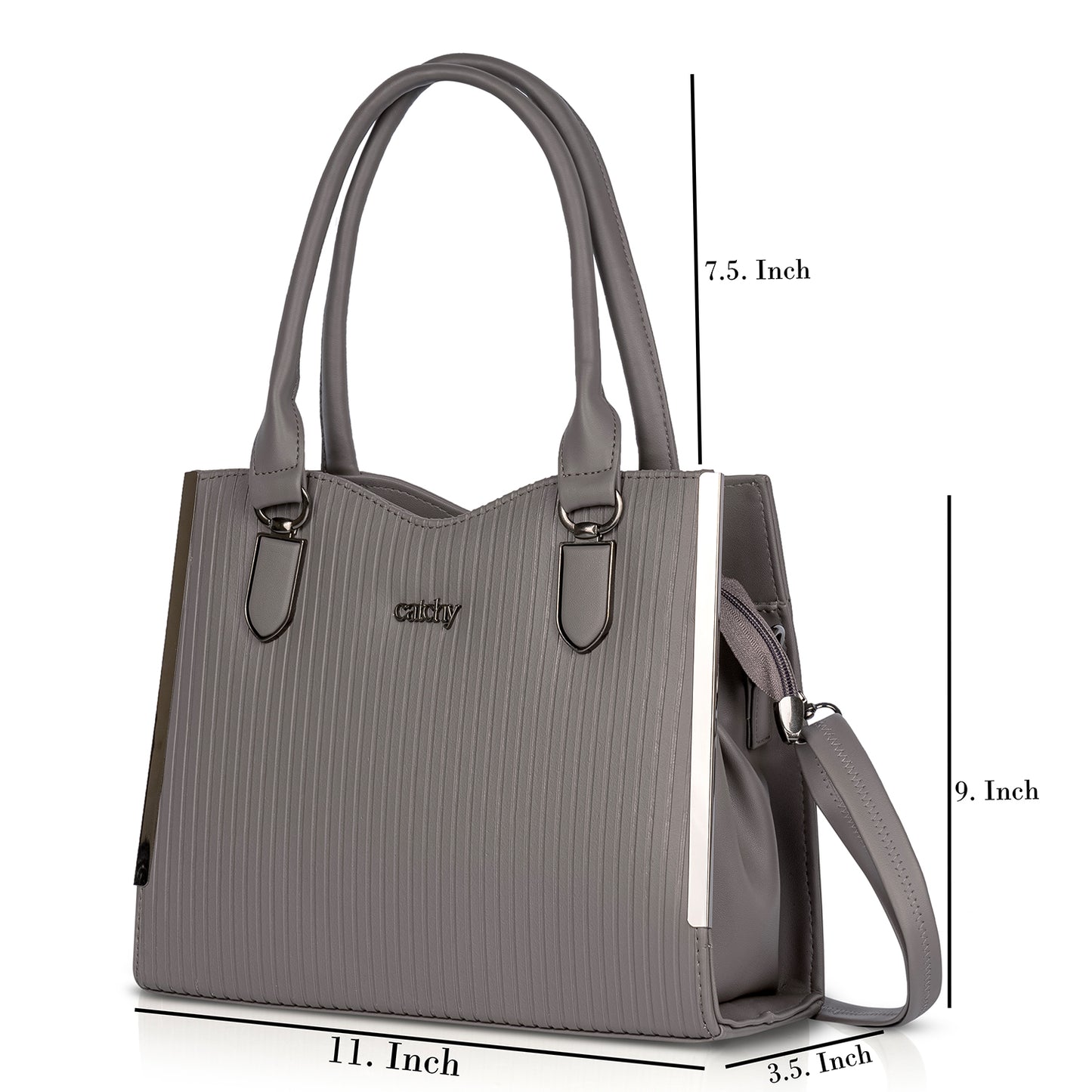 Elegant grey designer handbag with silver accents, lightweight and stylish, perfect for everyday use. Measures 11 inches wide, 7.5 inches tall, and 3.5 inches deep—an ideal casual handbag alternative to black designer bags.