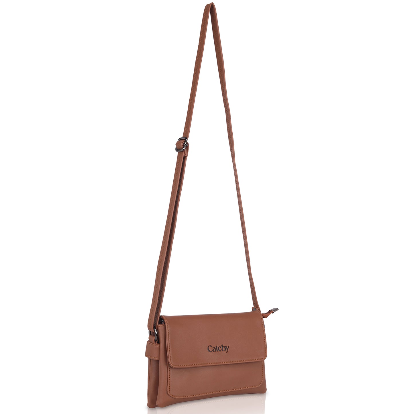 Close-up of catchy evening brown sling bag strap.