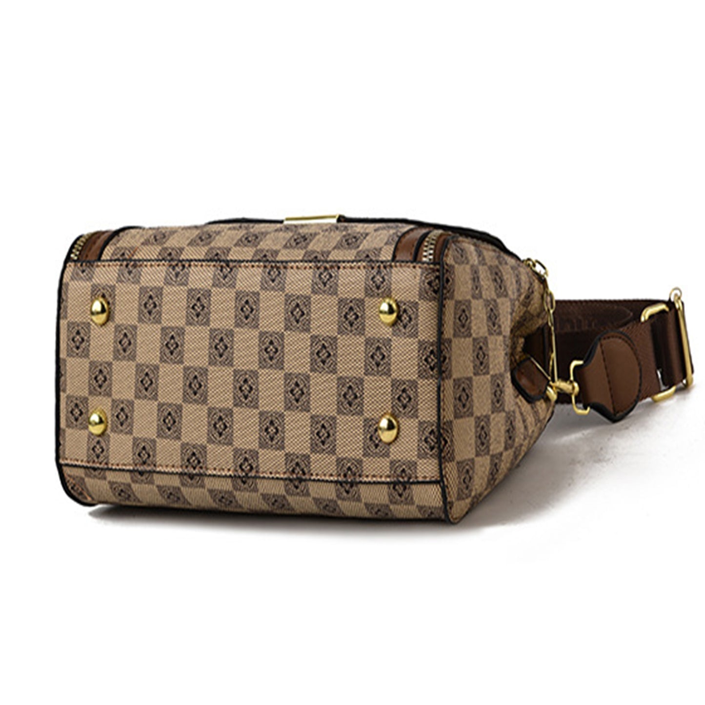 Beige and brown checkered crossbody bag with gold hardware, viewed from the back.