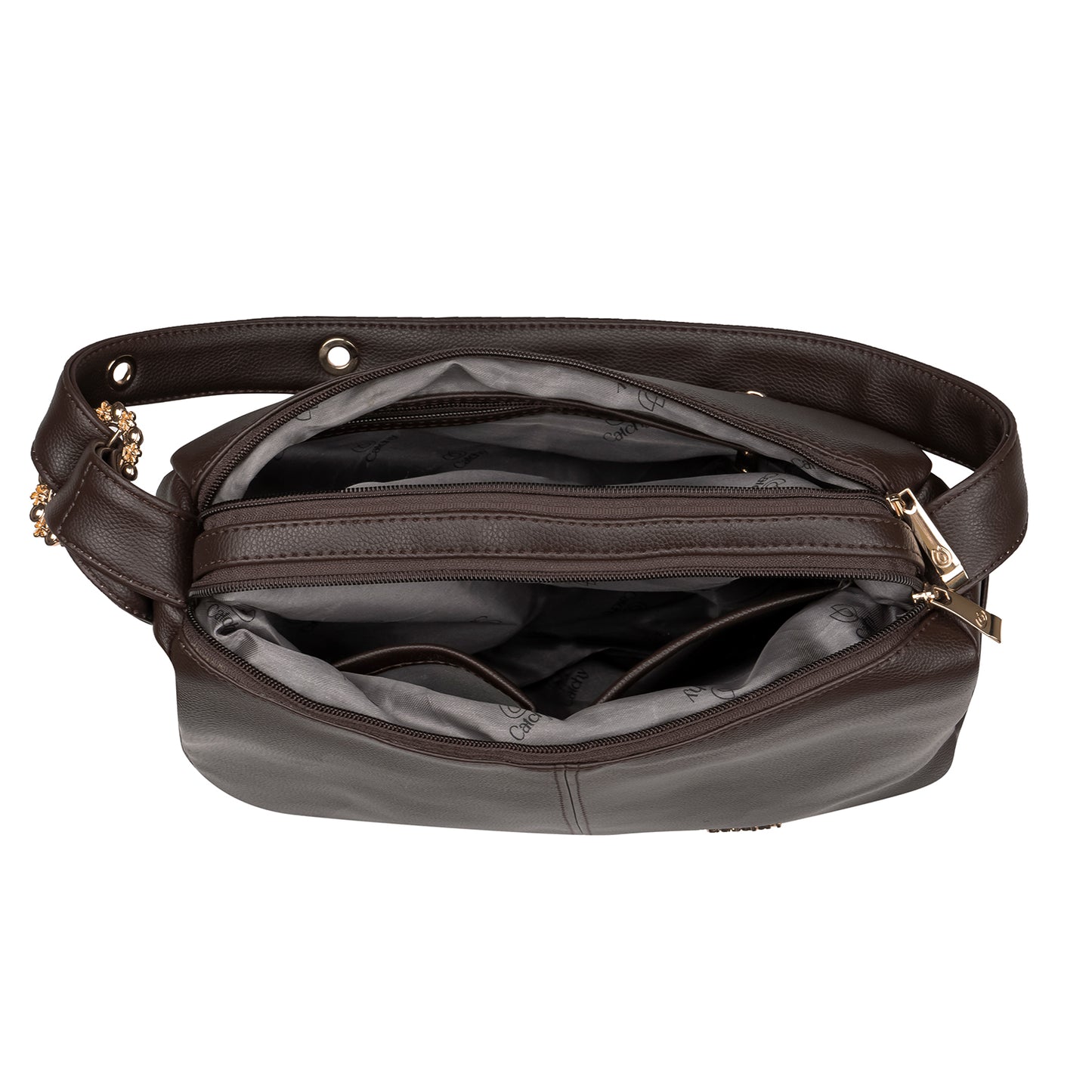 Premium brown color handbag with tan accents, showcasing spacious interior compartments and pockets—ideal as a medium-sized, everyday sling bag.