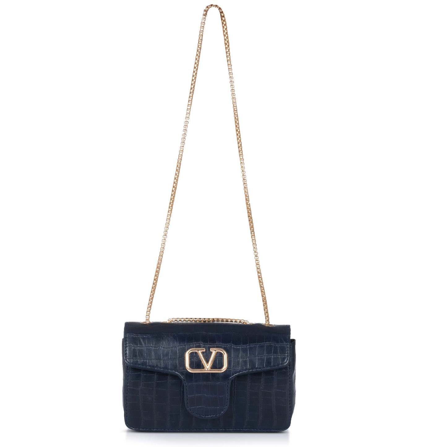 Black crocodile-textured handbag on a wooden table, paired with sunglasses for a chic aesthetic.